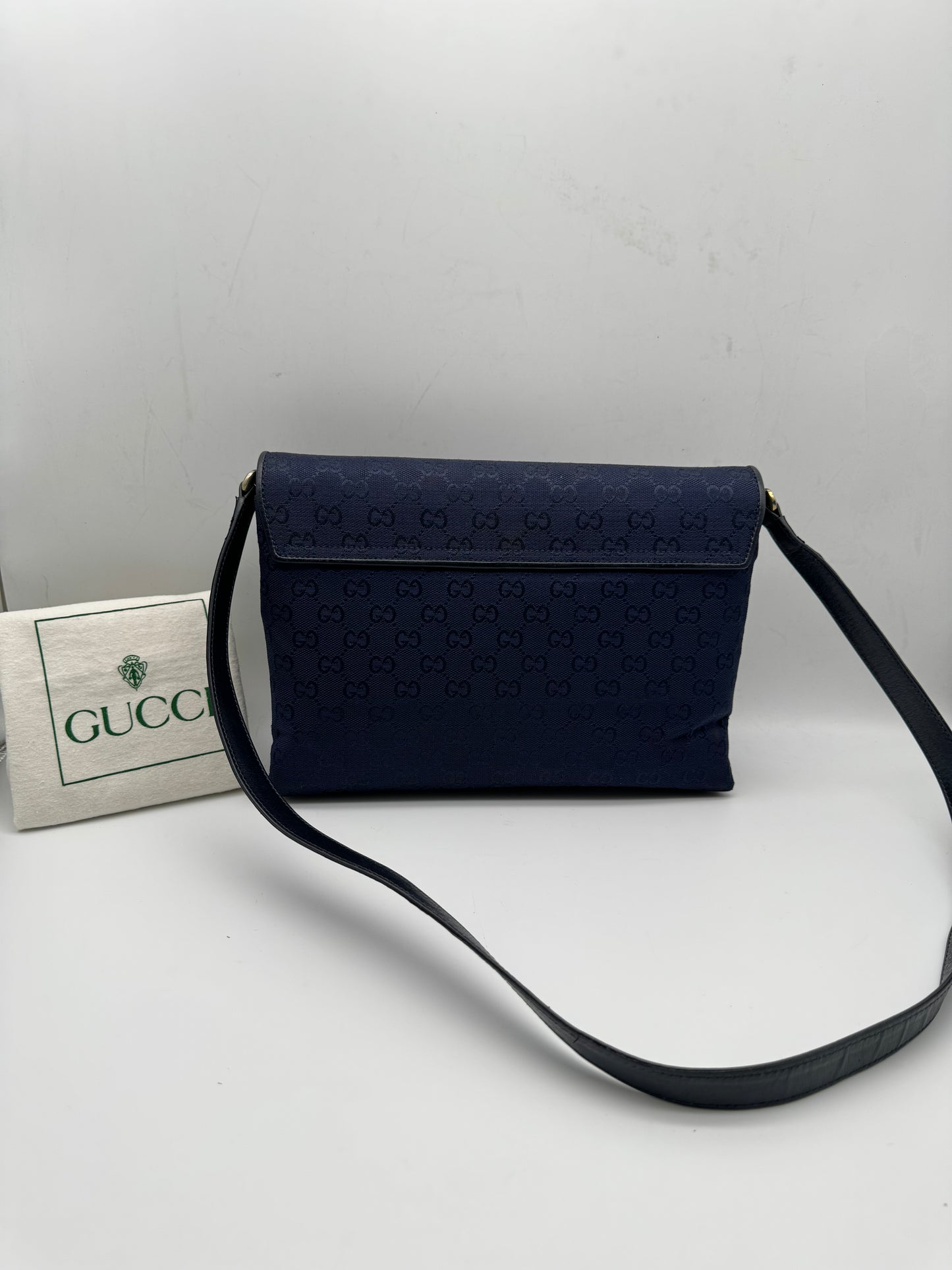 Authentic GUCCI Vintage Horsebit Navy Blue Monogram Jacquard Cloth Shoulder Bag