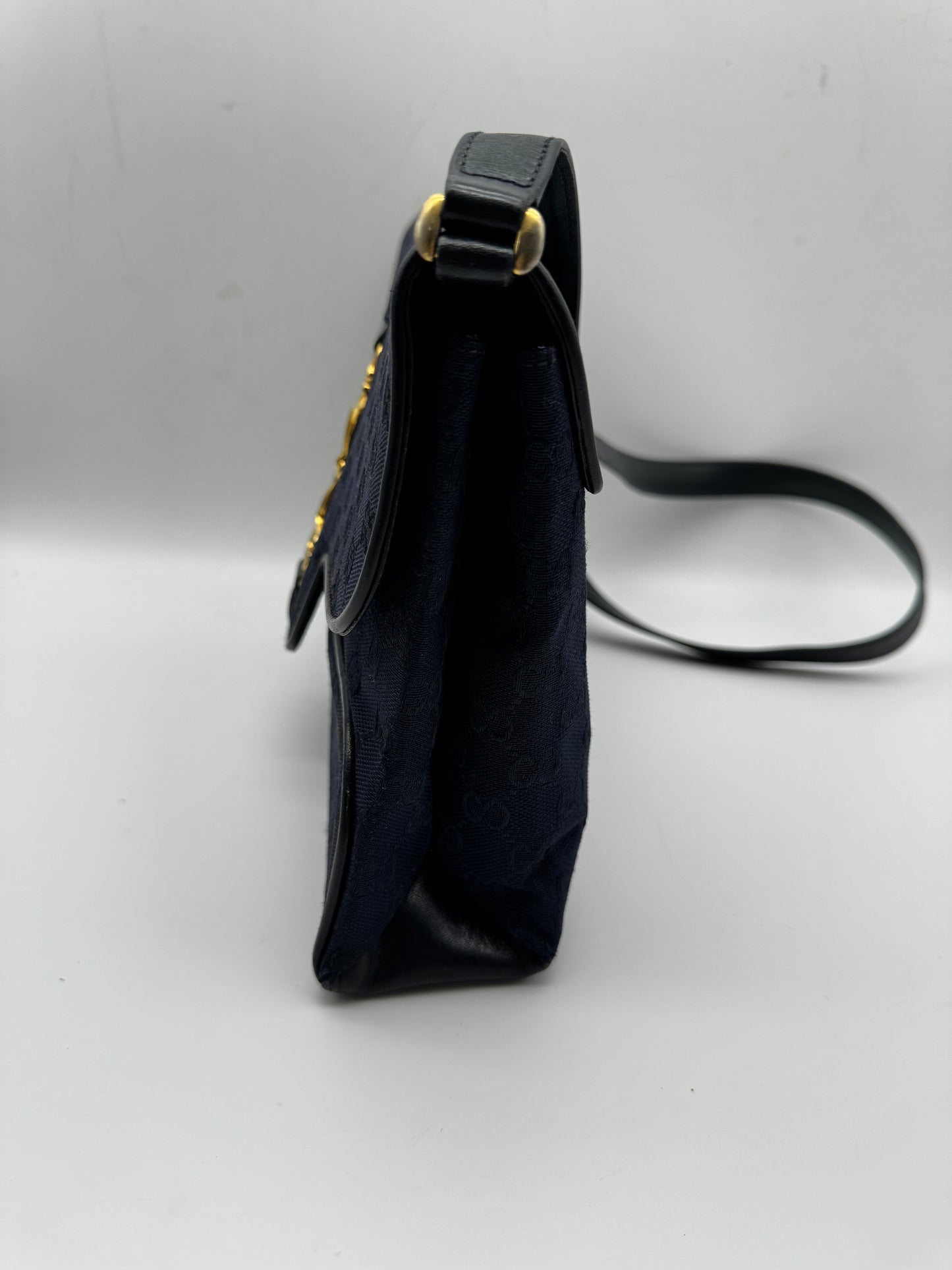Authentic GUCCI Vintage Horsebit Navy Blue Monogram Jacquard Cloth Shoulder Bag