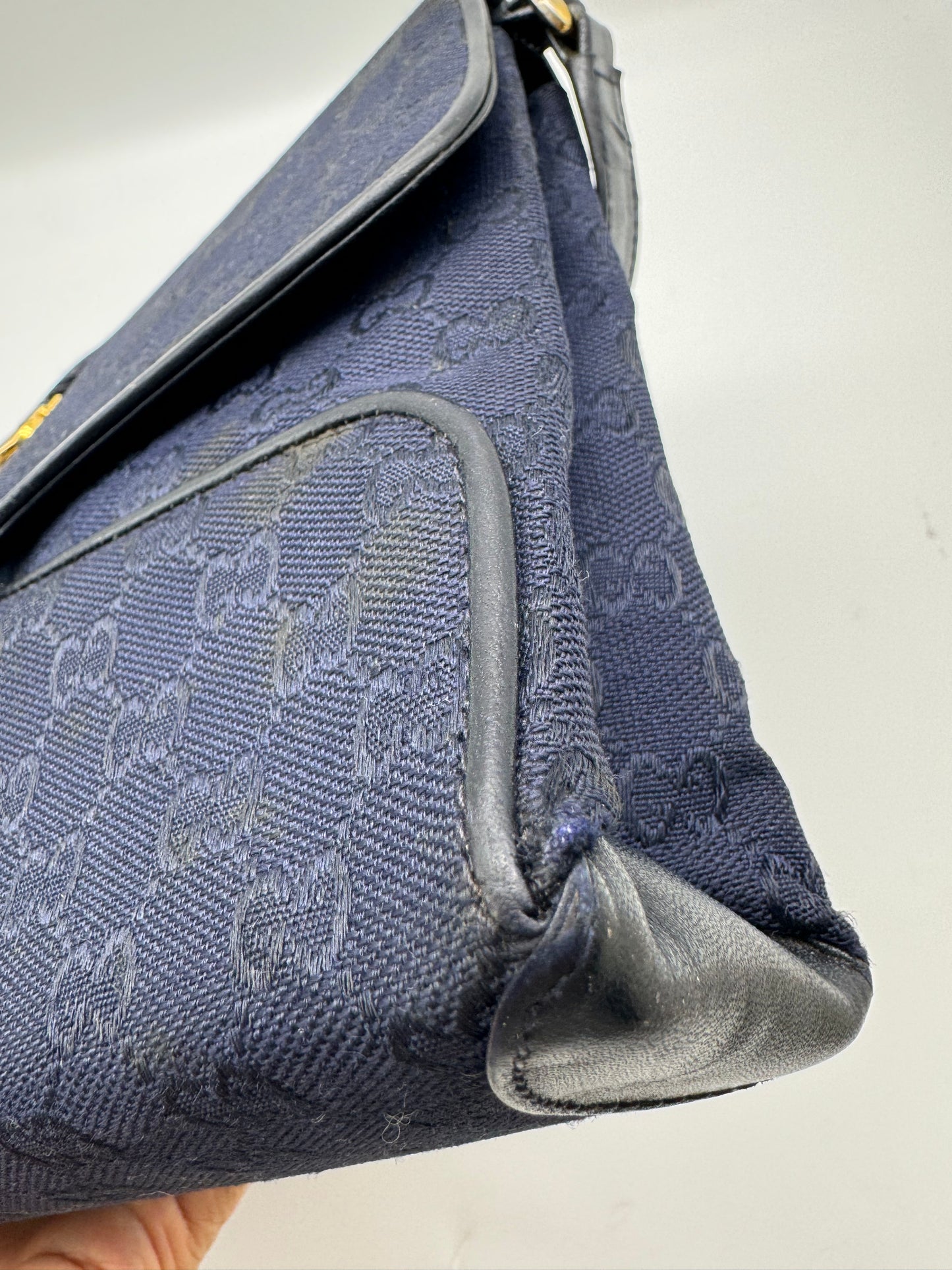 Authentic GUCCI Vintage Navy Blue Jacquard Cloth Shoulder Bag