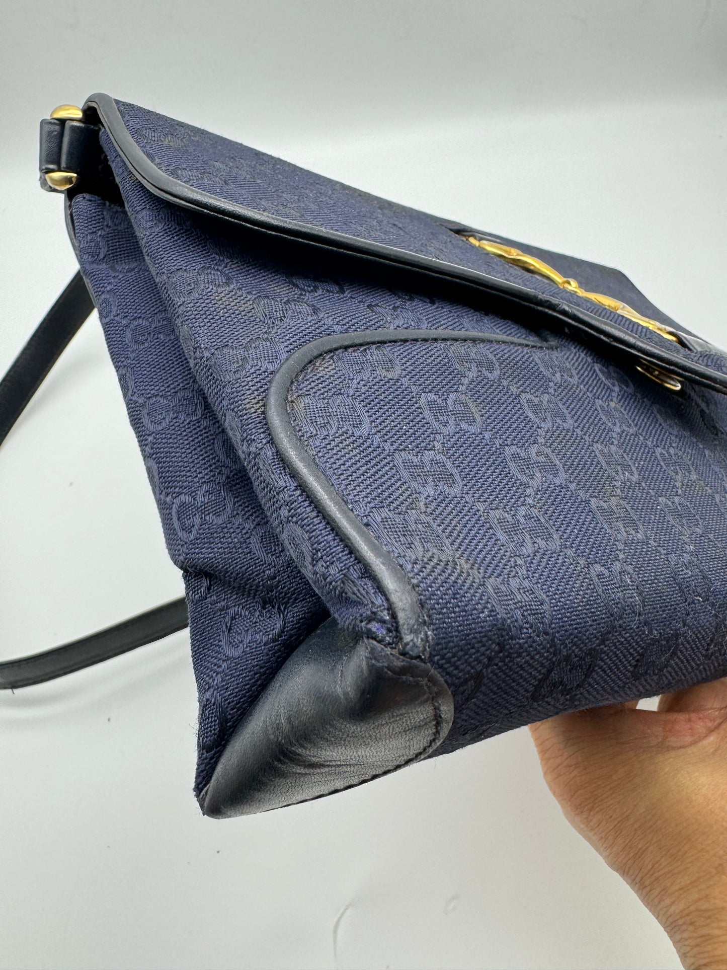 Authentic GUCCI Vintage Navy Blue Jacquard Cloth Shoulder Bag