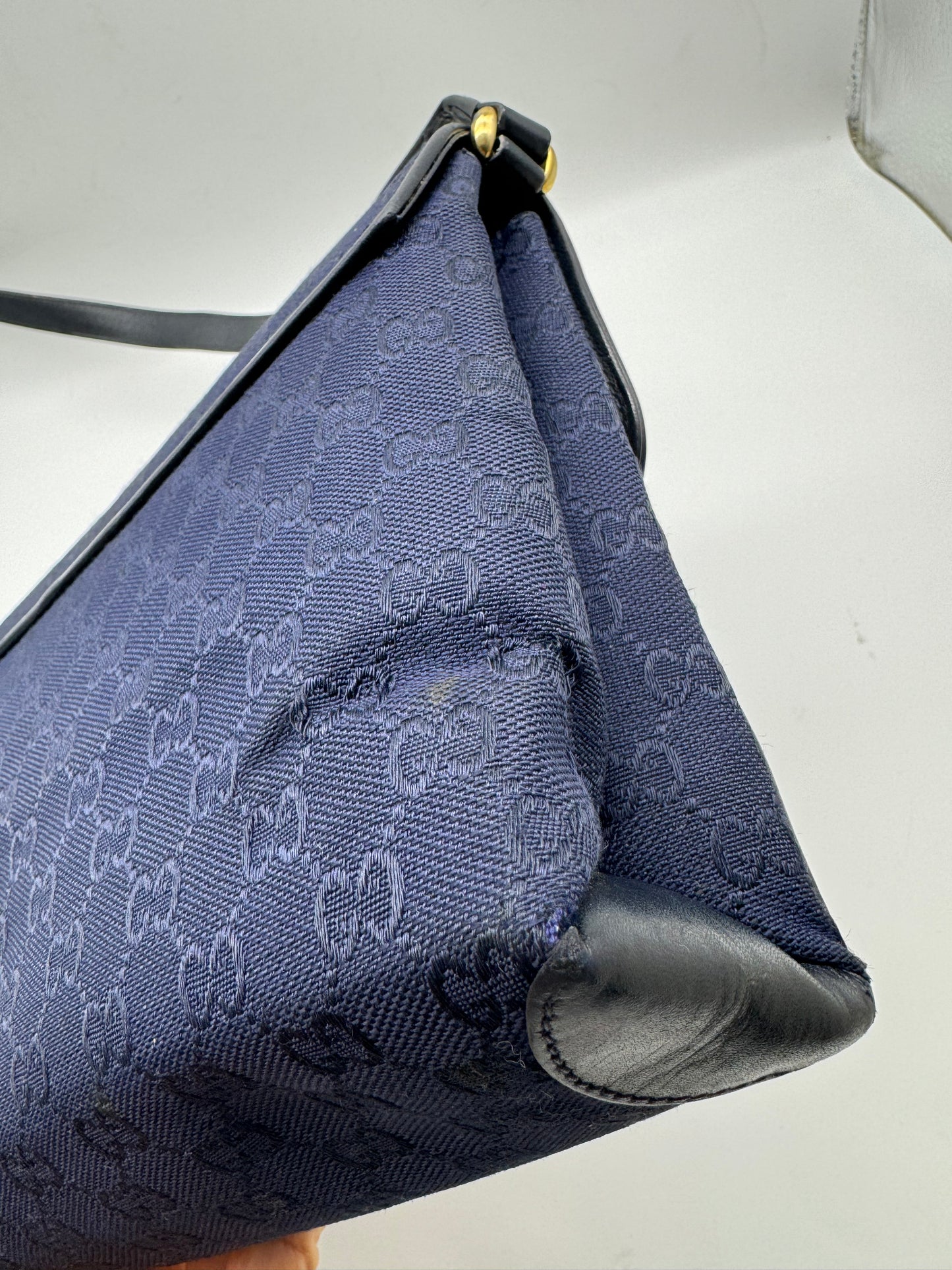 Authentic GUCCI Vintage Navy Blue Jacquard Cloth Shoulder Bag