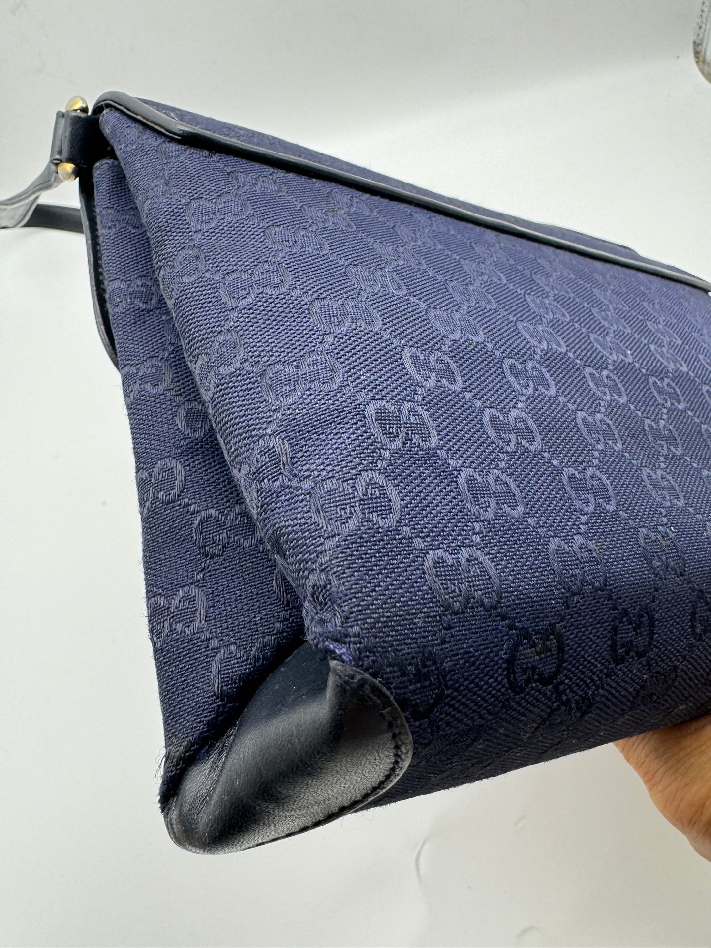Authentic GUCCI Vintage Navy Blue Jacquard Cloth Shoulder Bag
