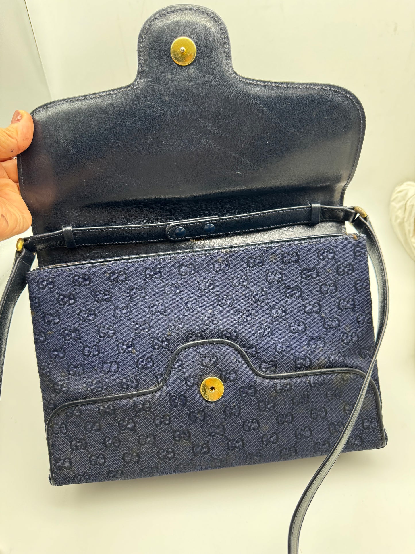 Authentic GUCCI Vintage Horsebit Navy Blue Monogram Jacquard Cloth Shoulder Bag