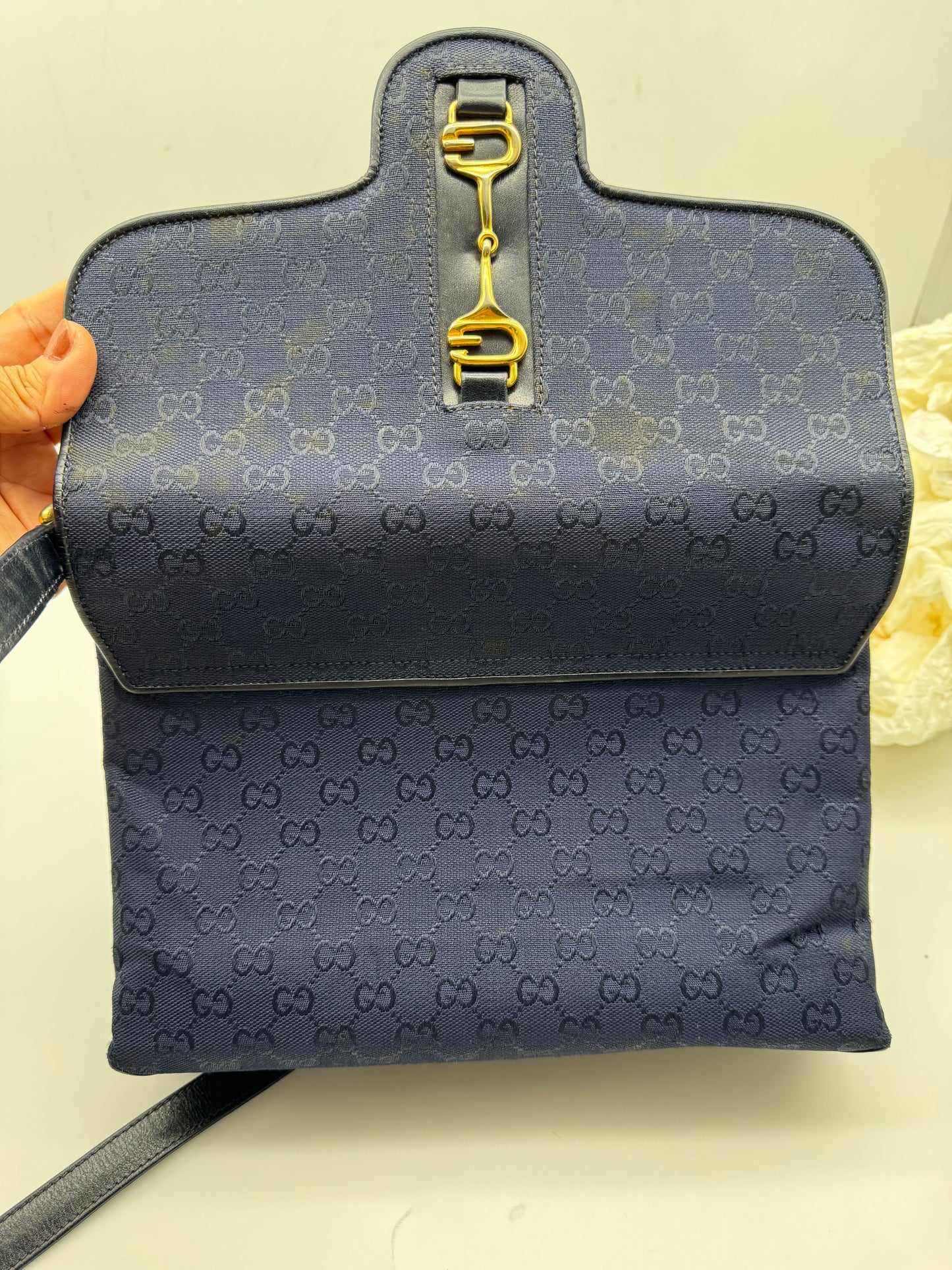 Authentic GUCCI Vintage Horsebit Navy Blue Monogram Jacquard Cloth Shoulder Bag