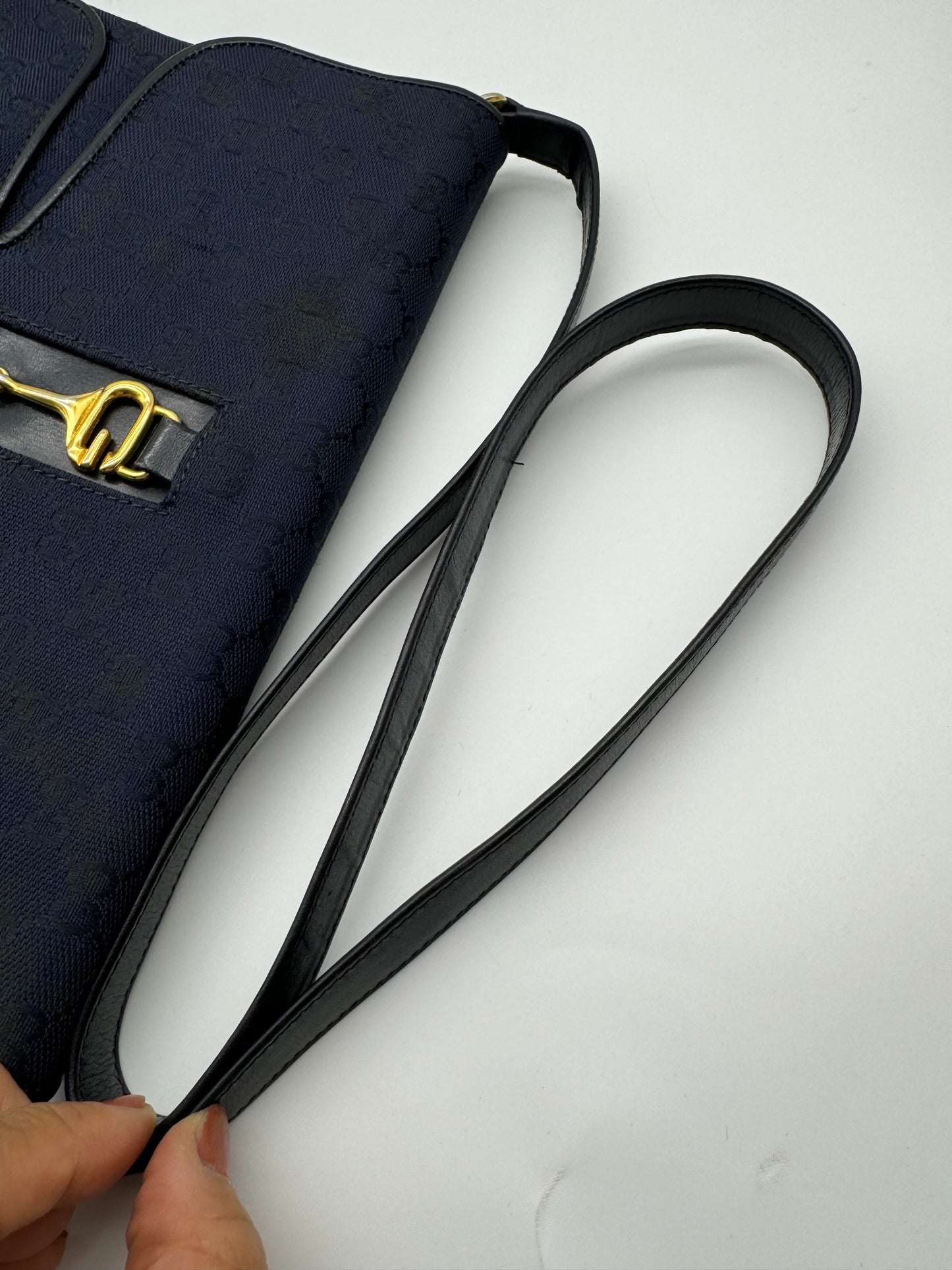 Authentic GUCCI Vintage Horsebit Navy Blue Monogram Jacquard Cloth Shoulder Bag