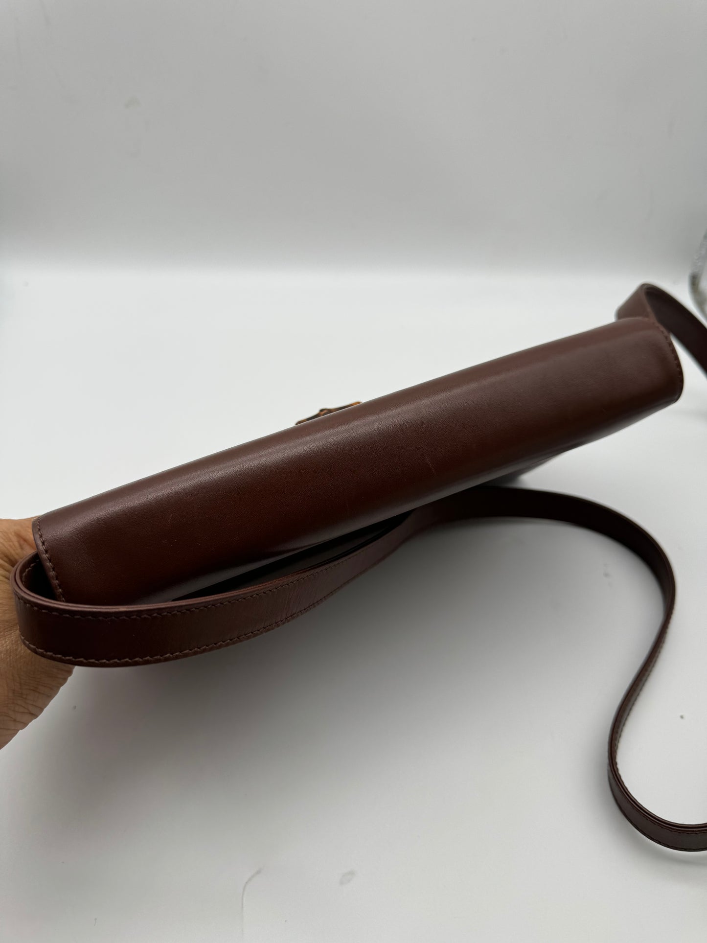 Authentic GUCCI Bamboo Turn-Lock Dark Brown Leather Clutch Shoulder Crossbody Bag