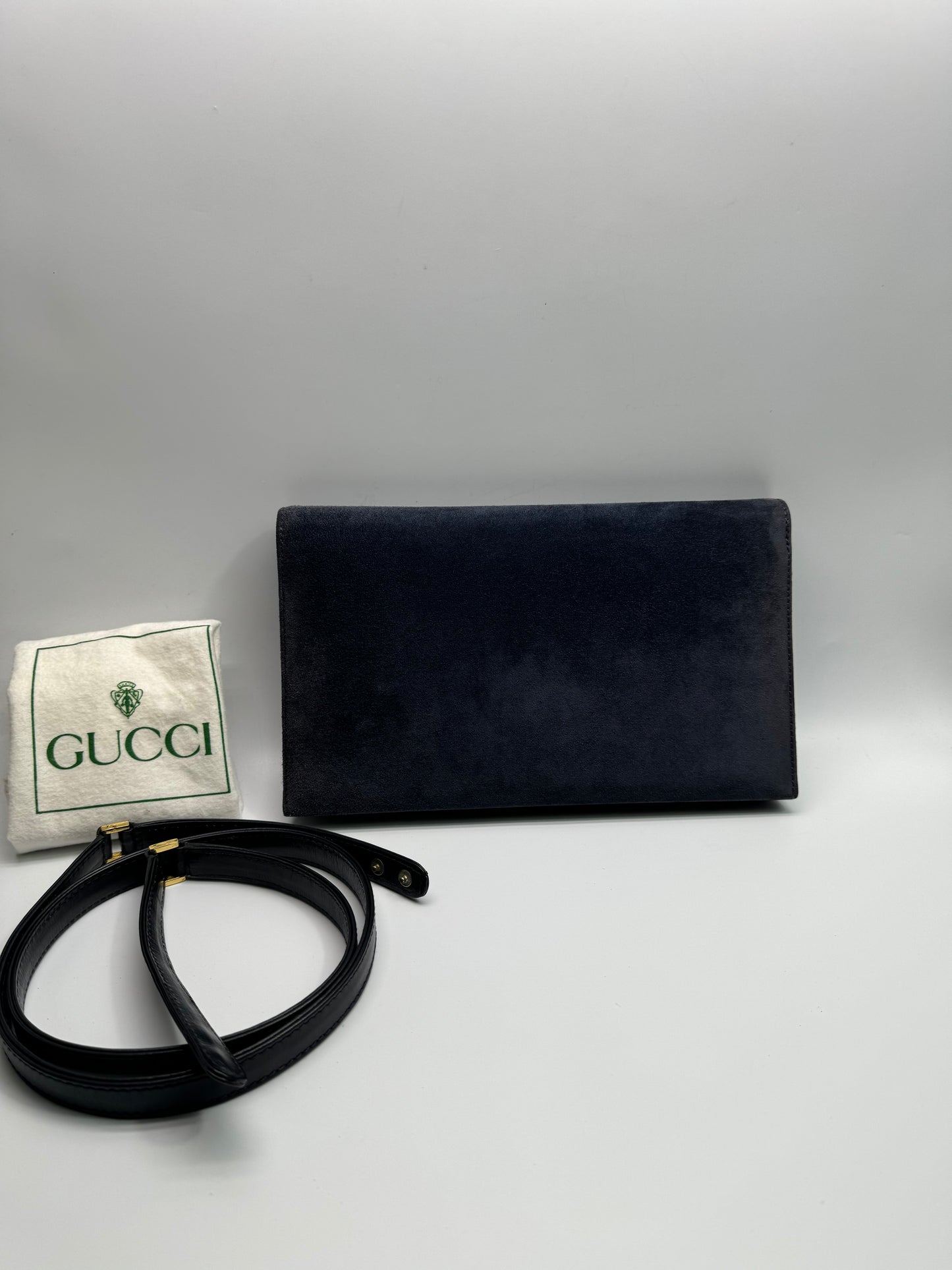 Authentic Gucci Vintage 1970s Navy Blue Suede Clutch Shoulder Bag