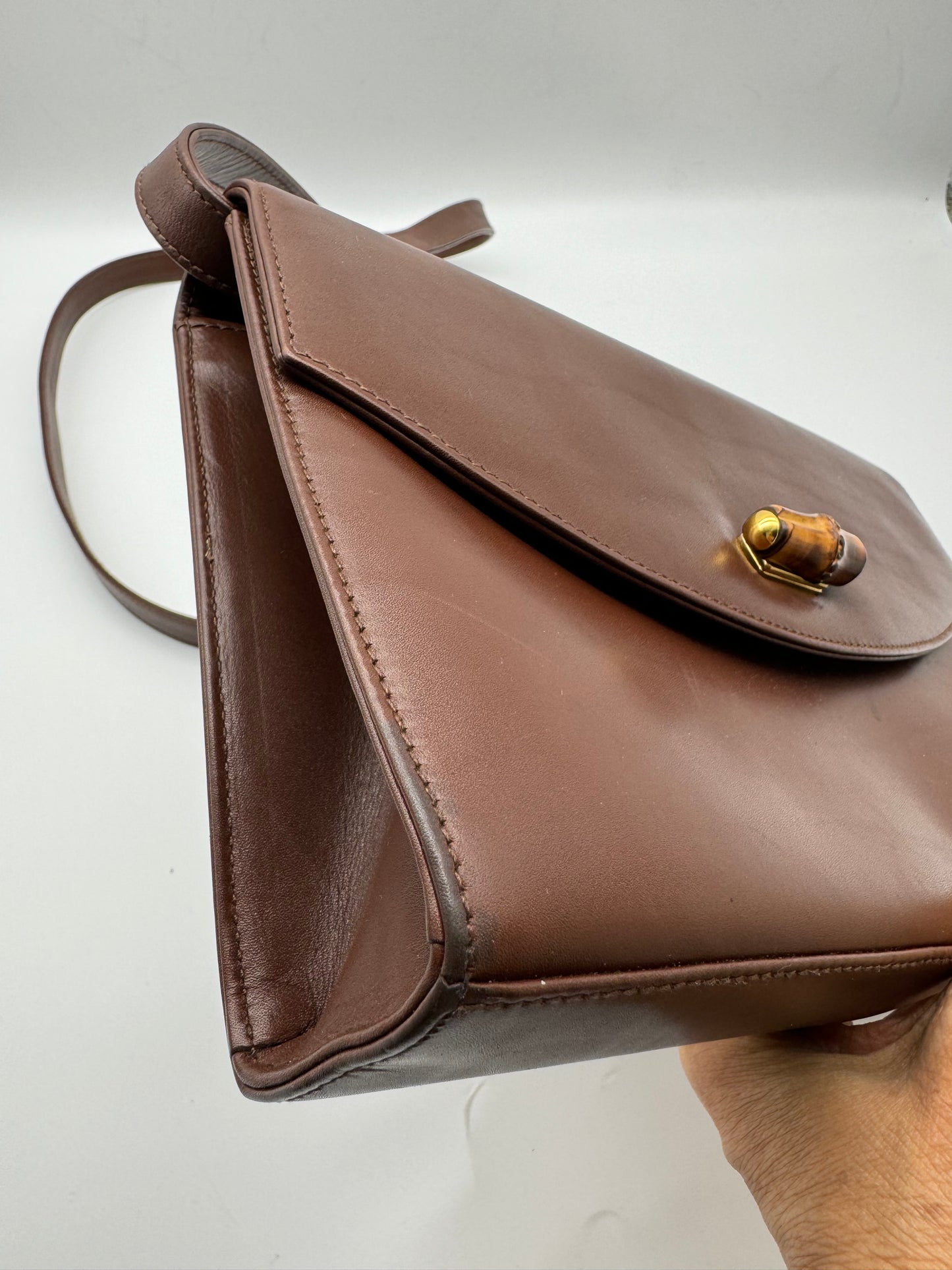 Authentic GUCCI Bamboo Turn-Lock Dark Brown Leather Clutch Shoulder Crossbody Bag