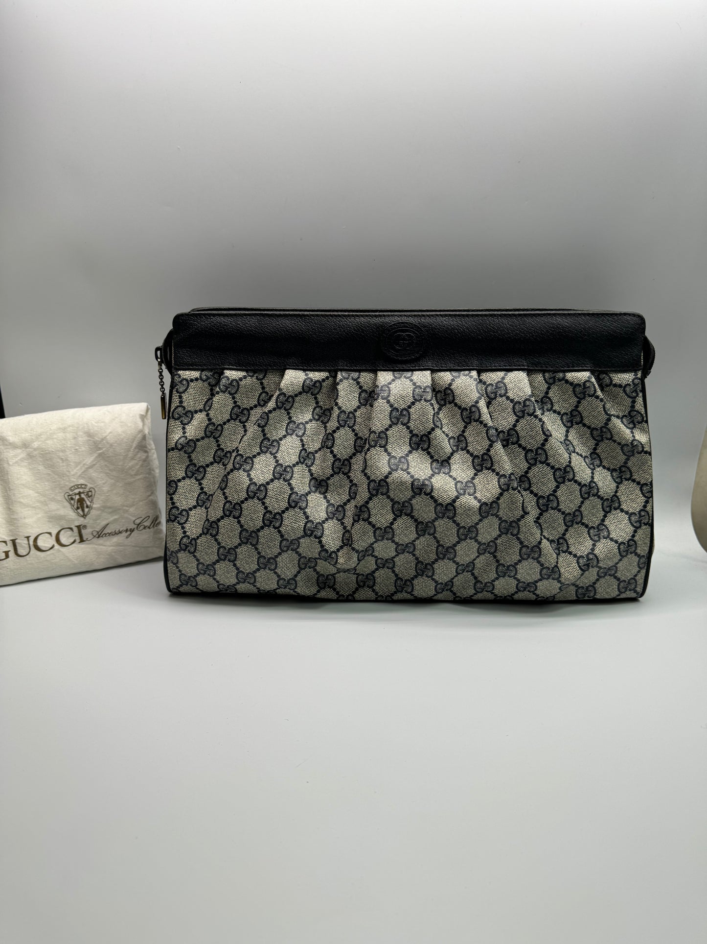 Authentic Vintage Gucci Navy Blue Coated Canvas Large Clutch