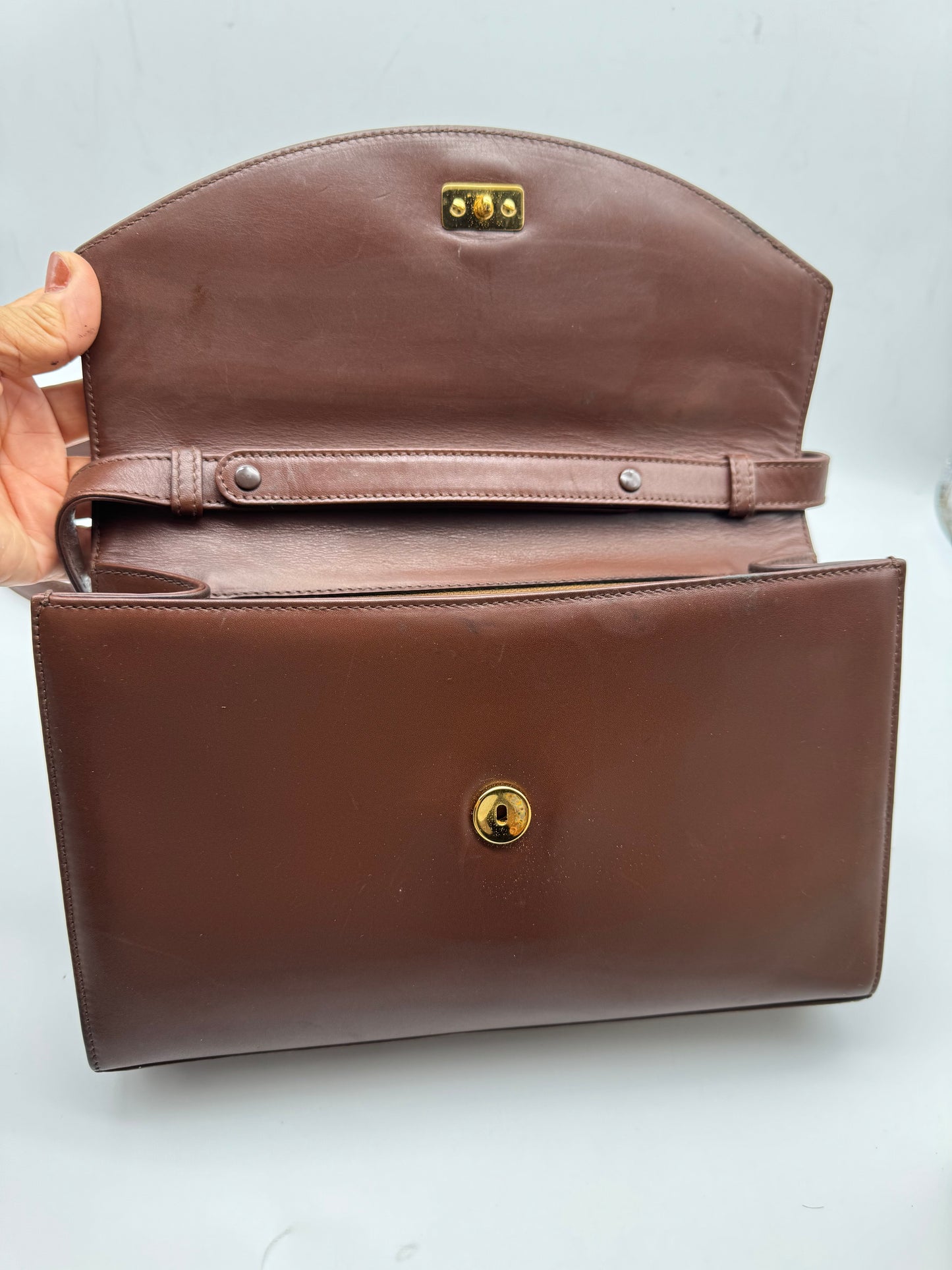 Authentic GUCCI Bamboo Turn-Lock Dark Brown Leather Clutch Shoulder Crossbody Bag