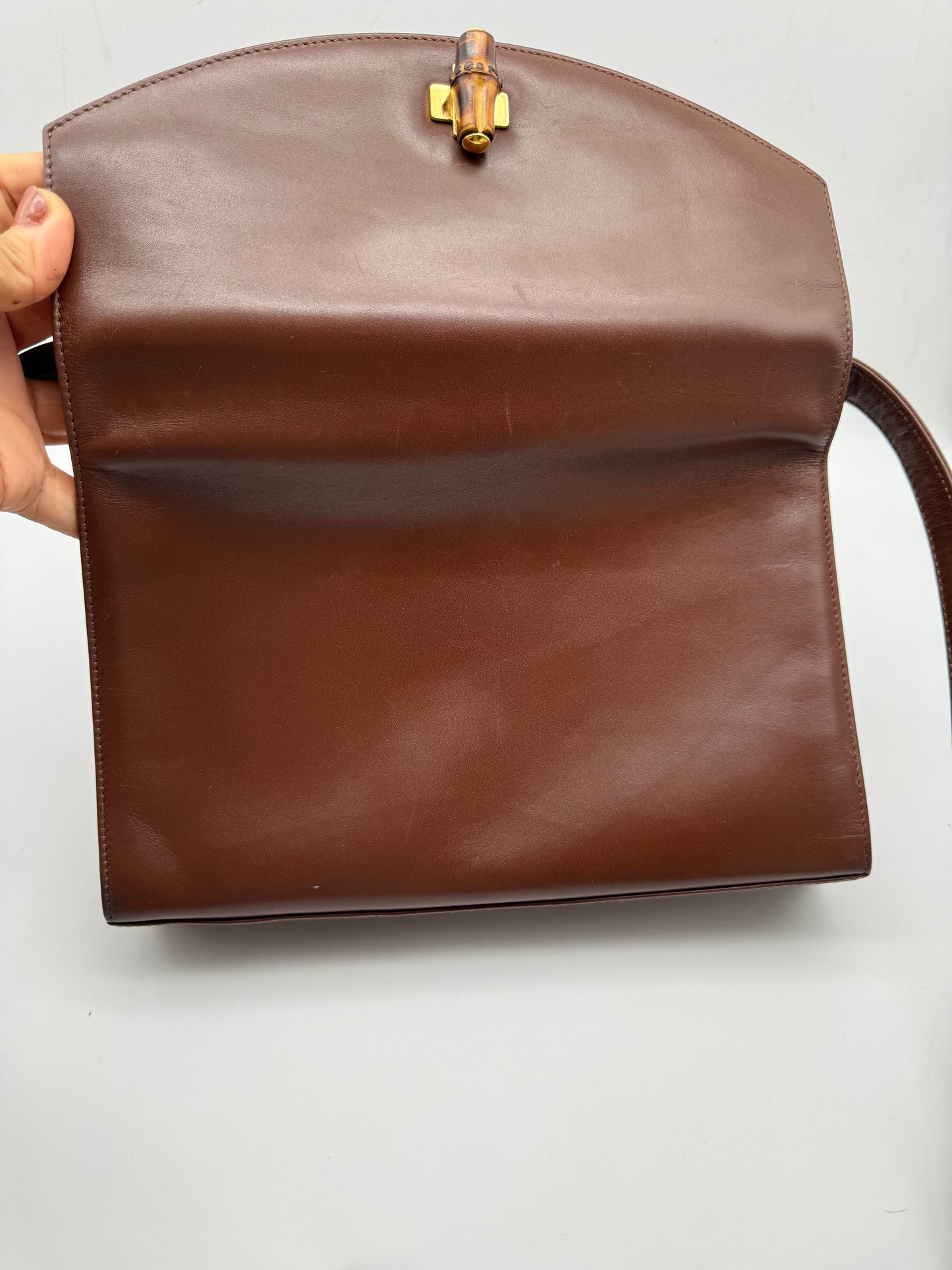 Authentic GUCCI Bamboo Turn-Lock Dark Brown Leather Clutch Shoulder Crossbody Bag