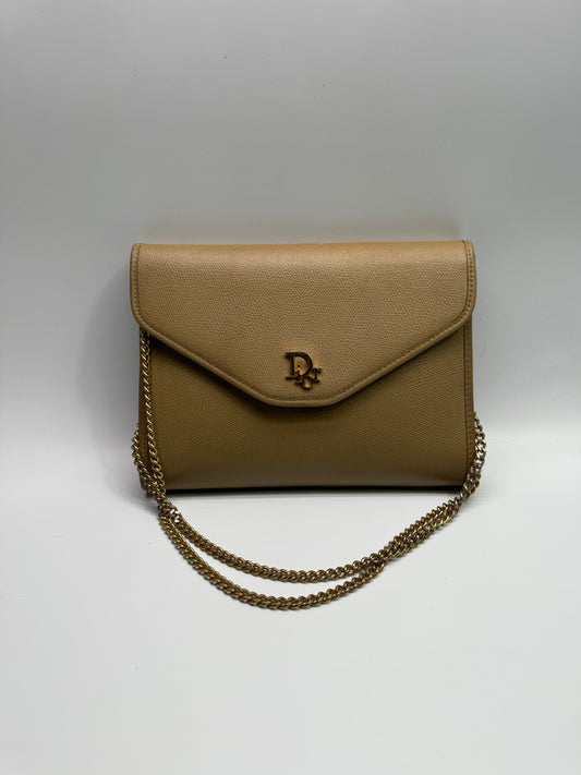 Authentic Christian Dior Beige Pebble Leather Clutch Shoulder Crossbody Bag