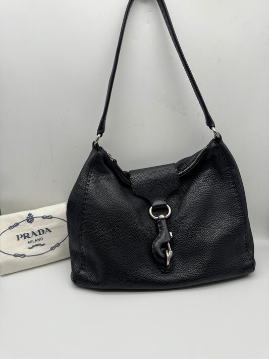 Authentic Prada Black Vitello Daino Leather Hobo Shoulder Bag