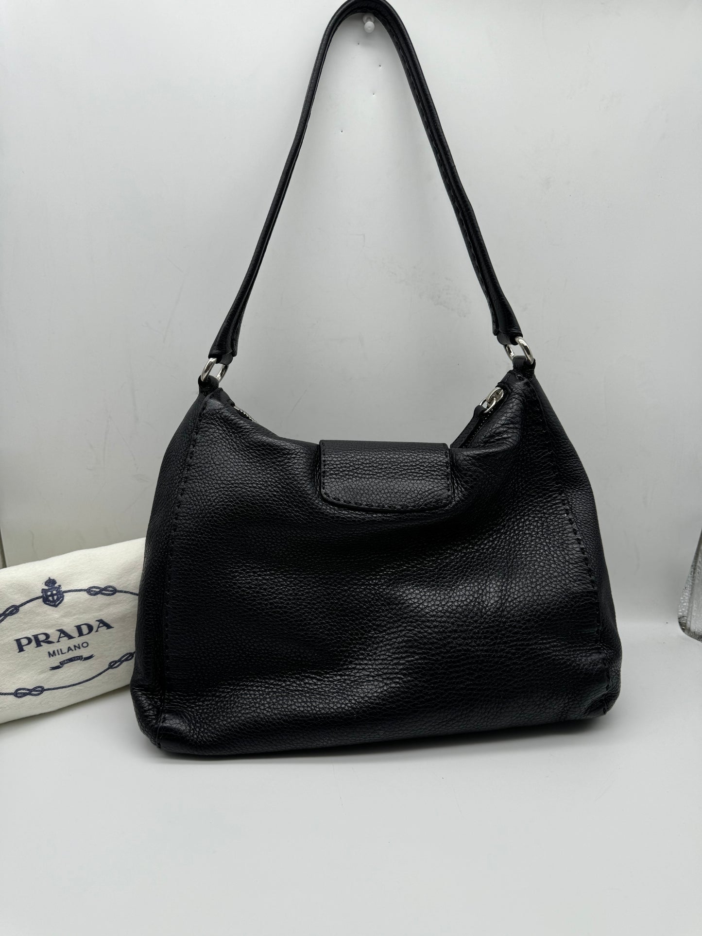 Authentic Prada Black Vitello Daino Leather Hobo Shoulder Bag