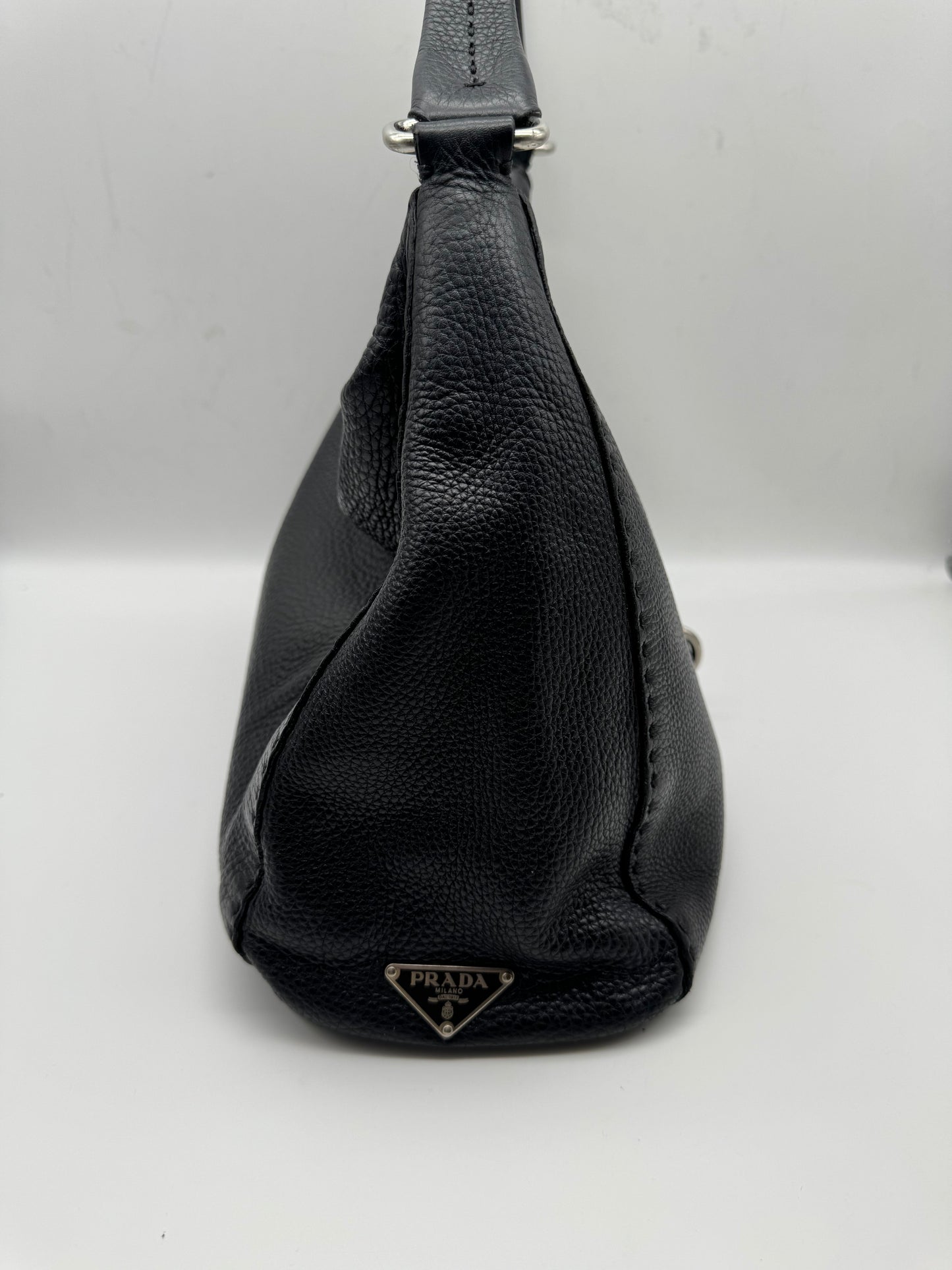 Authentic Prada Black Vitello Daino Leather Hobo Shoulder Bag