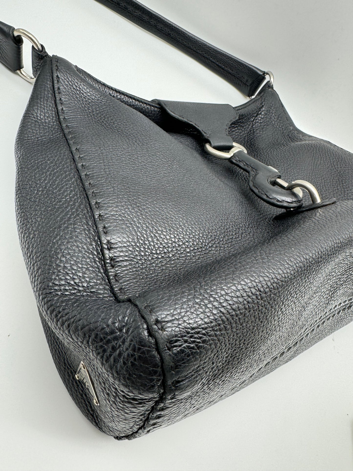 Authentic Prada Black Vitello Daino Leather Hobo Shoulder Bag