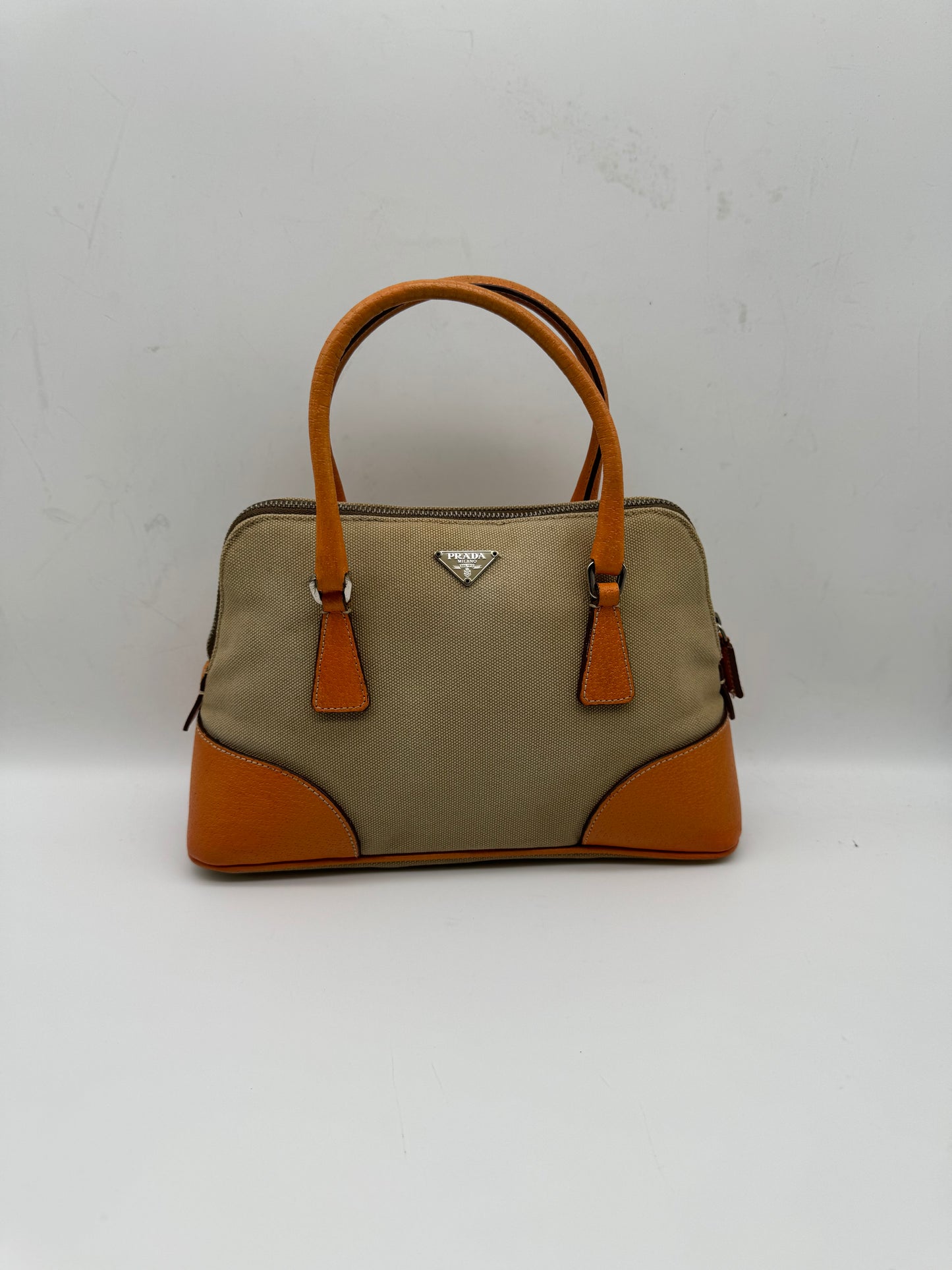 Authentic Prada Beige Canvas Orange Leather Mini Satchel Handbag