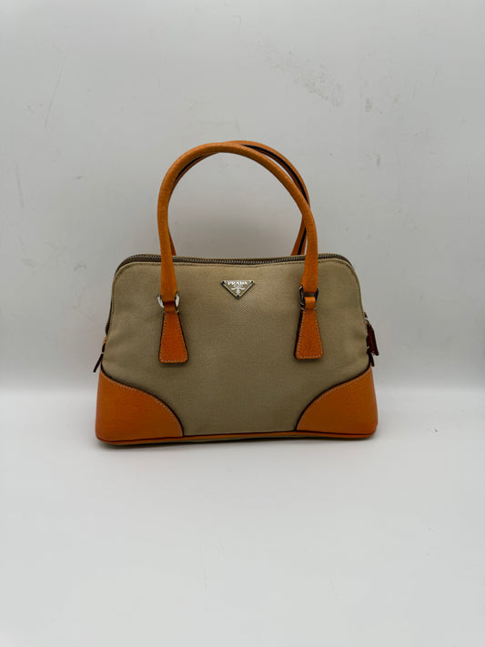 Authentic Prada Beige Canvas Orange Leather Mini Satchel Handbag