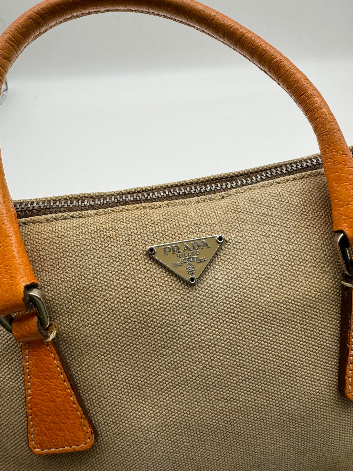 Authentic Prada Beige Canvas Orange Leather Mini Satchel Handbag