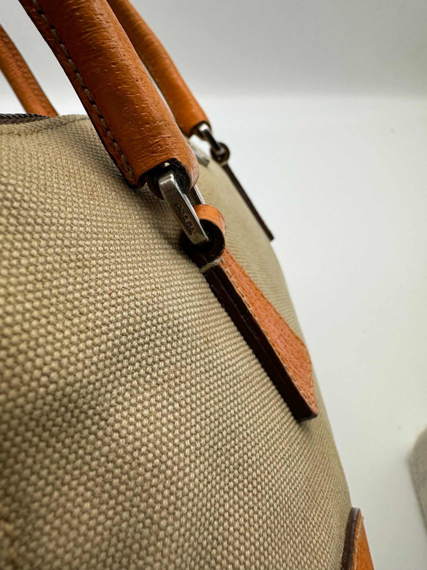 Authentic Prada Beige Canvas Orange Leather Mini Satchel Handbag