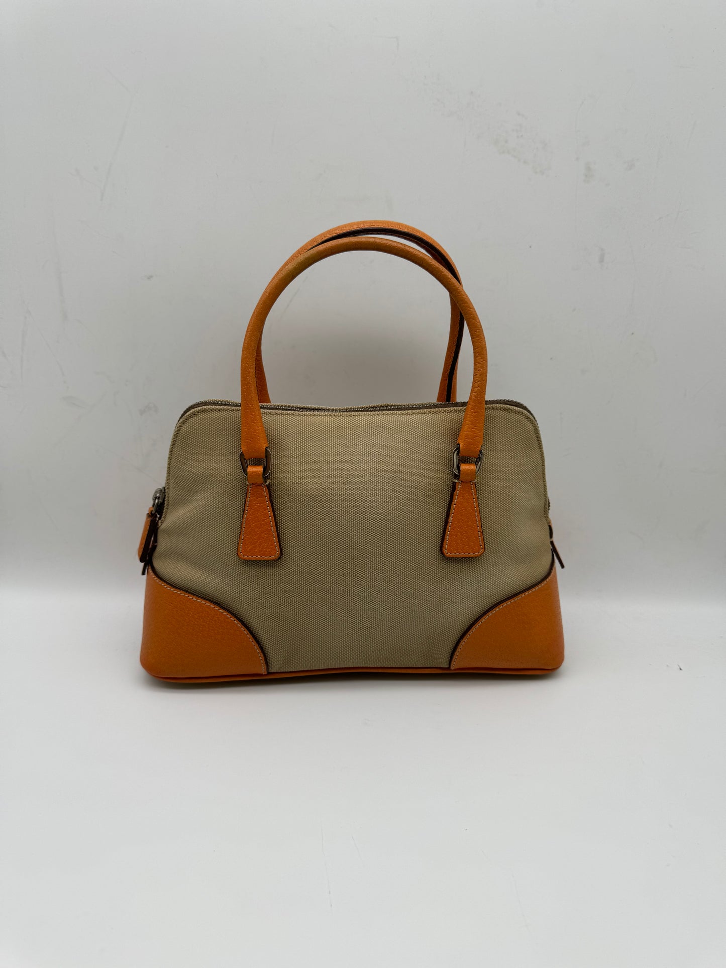 Authentic Prada Beige Canvas Orange Leather Mini Satchel Handbag