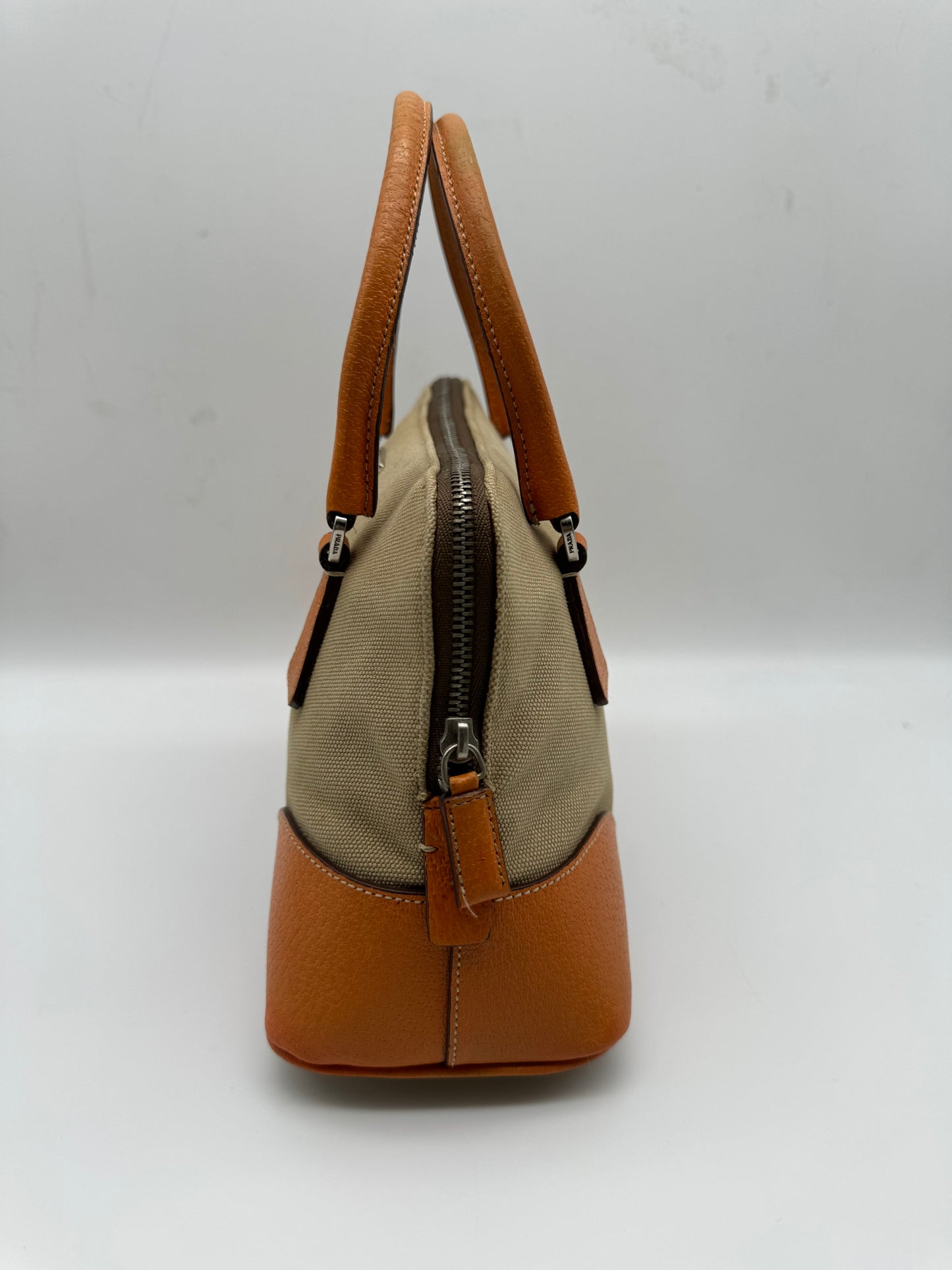 Authentic Prada Beige Canvas Orange Leather Mini Satchel Handbag