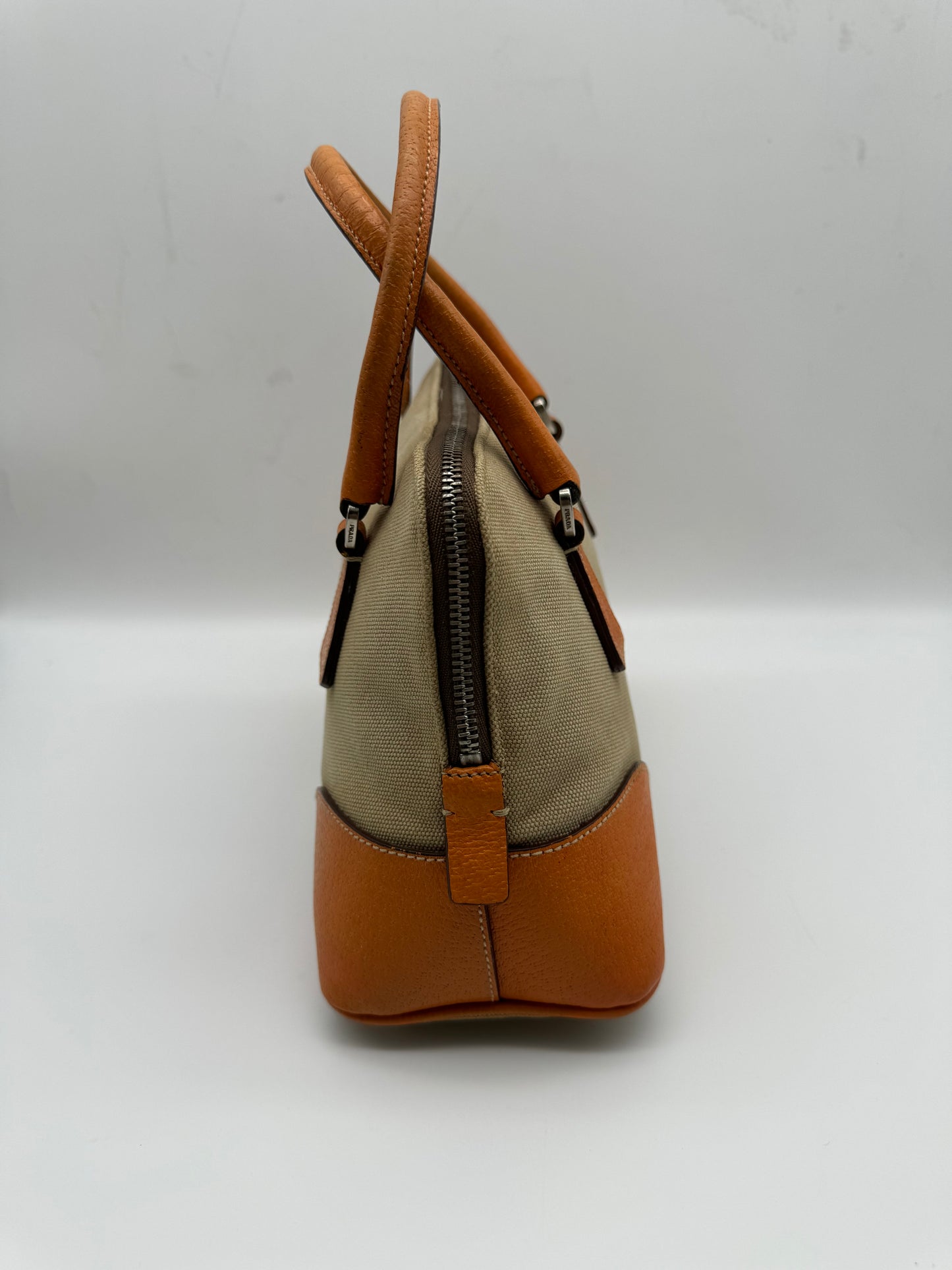 Authentic Prada Beige Canvas Orange Leather Mini Satchel Handbag