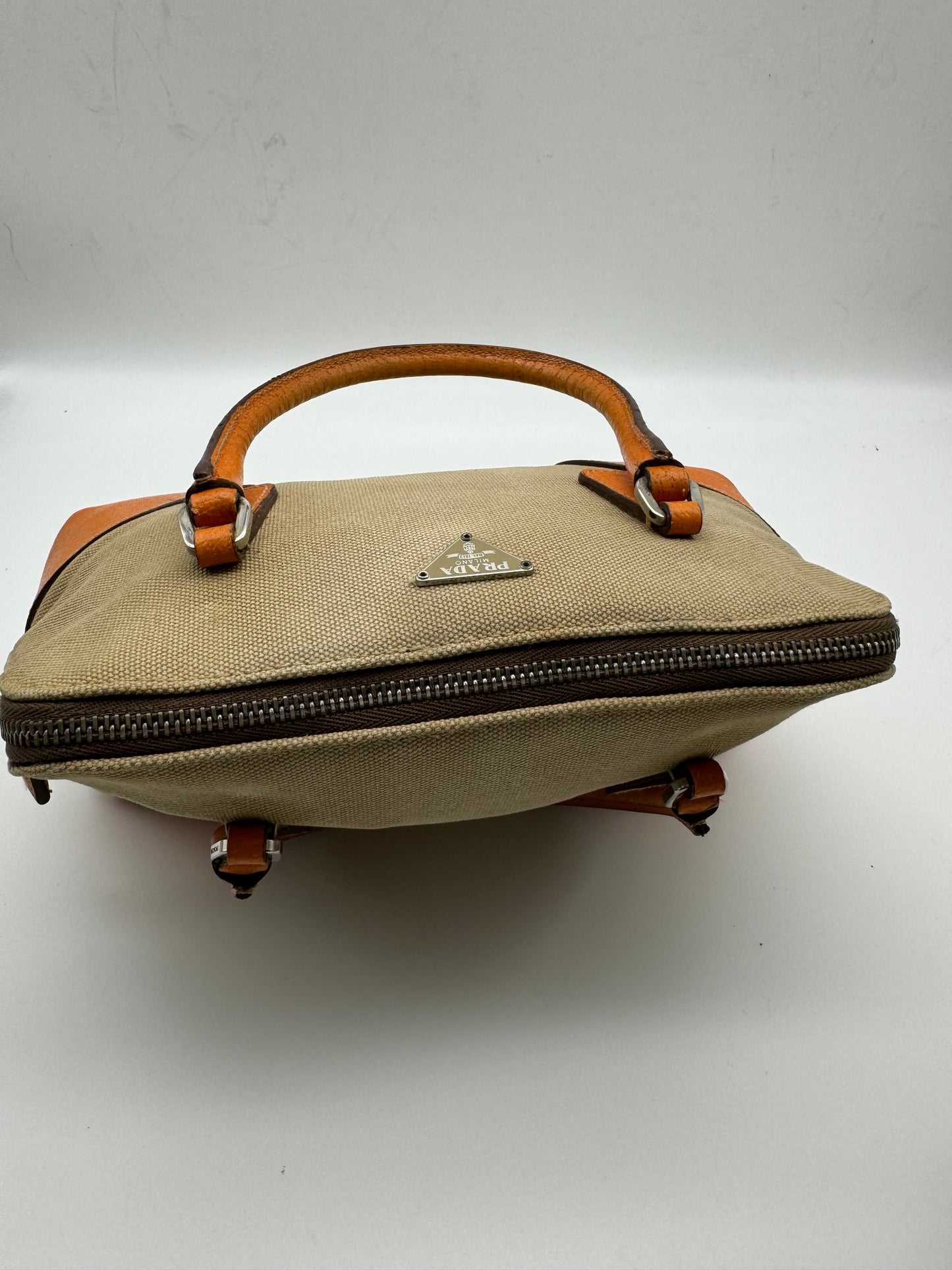 Authentic Prada Beige Canvas Orange Leather Mini Satchel Handbag