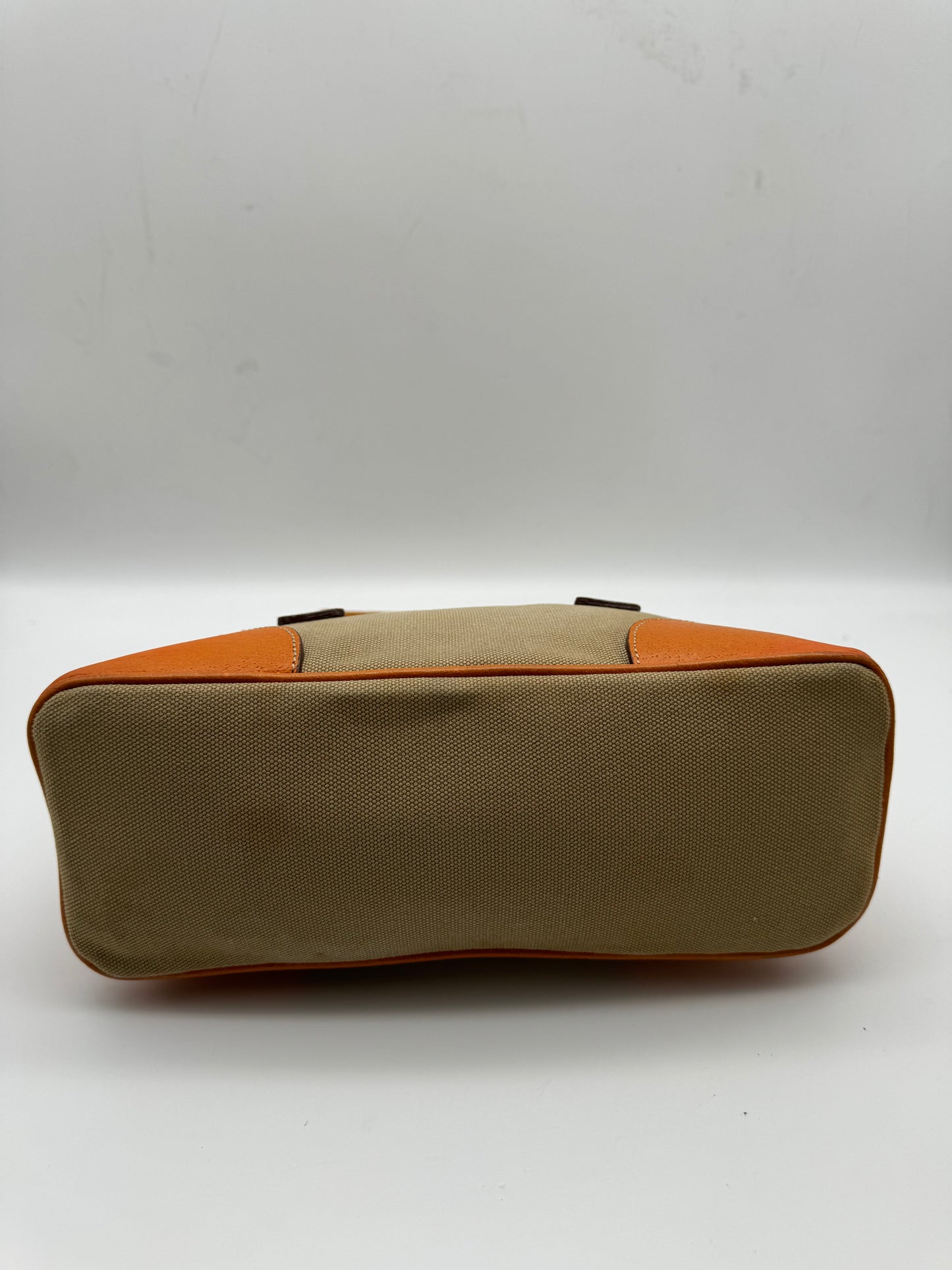 Authentic Prada Beige Canvas Orange Leather Mini Satchel Handbag
