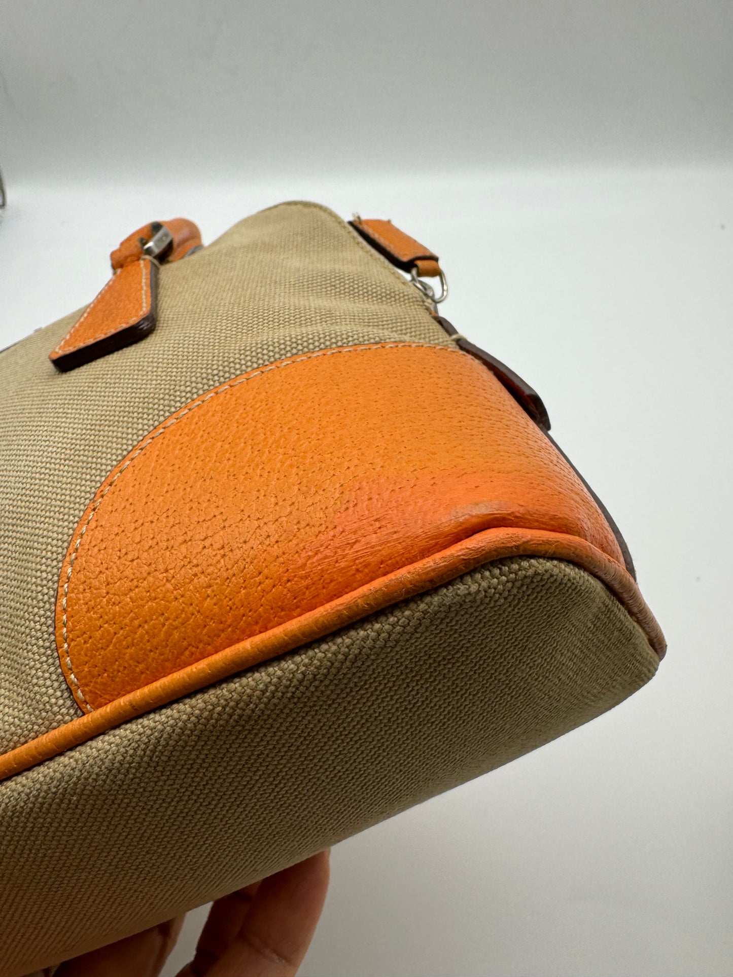 Authentic Prada Beige Canvas Orange Leather Mini Satchel Handbag