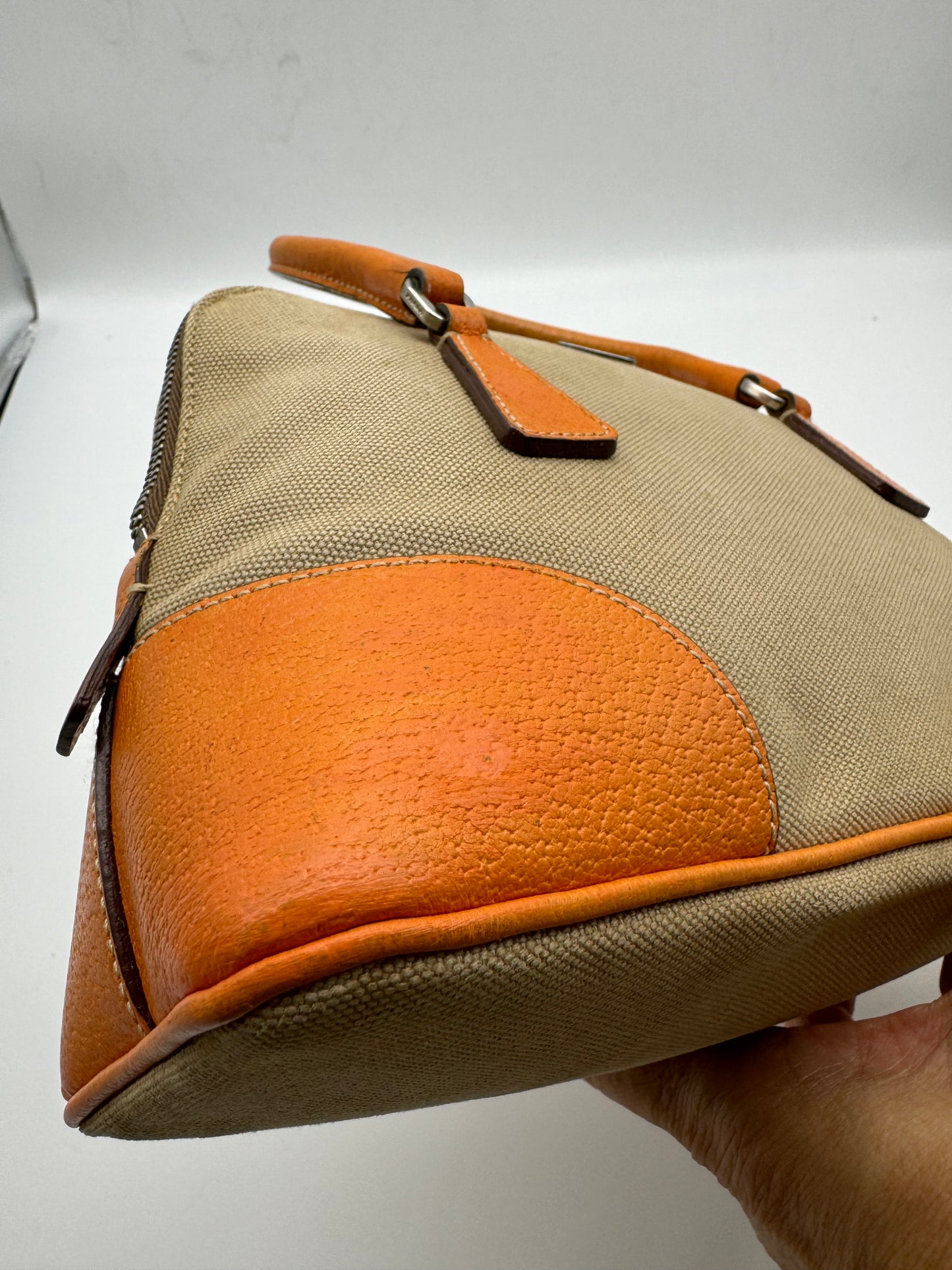 Authentic Prada Beige Canvas Orange Leather Mini Satchel Handbag