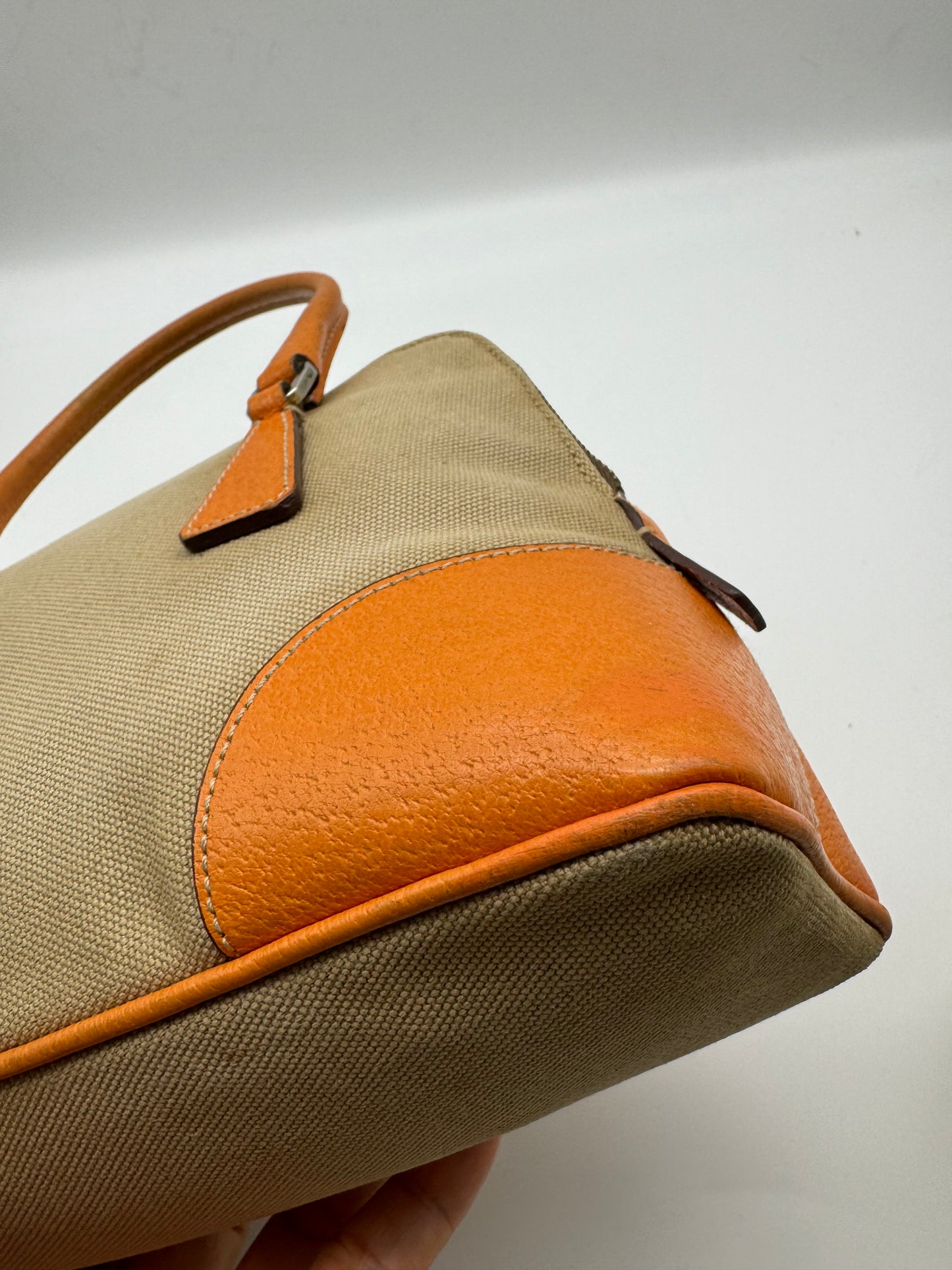 Authentic Prada Beige Canvas Orange Leather Mini Satchel Handbag