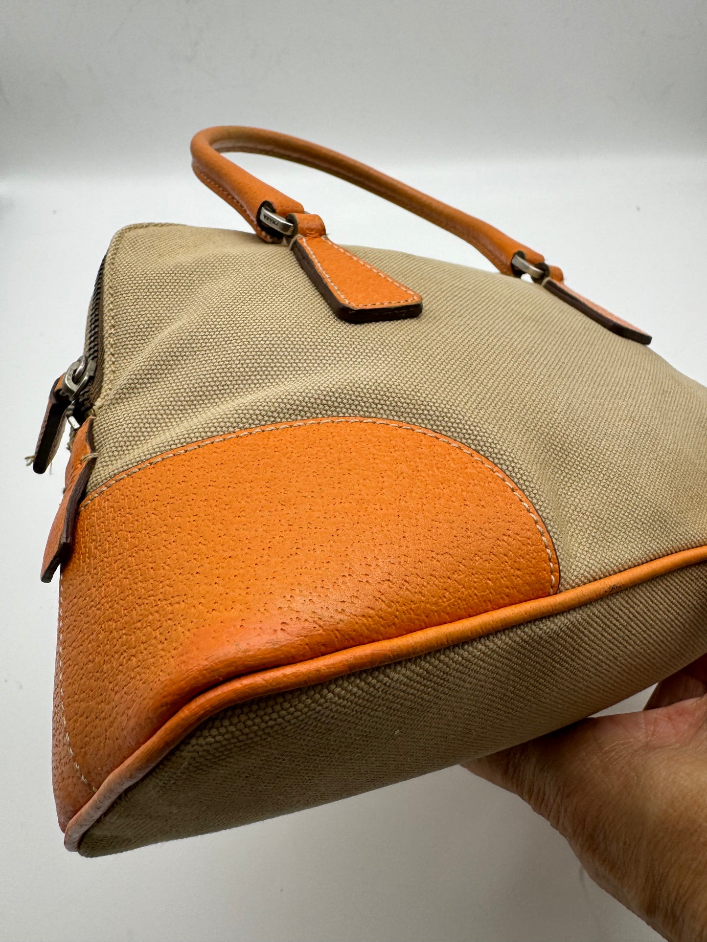 Authentic Prada Beige Canvas Orange Leather Mini Satchel Handbag