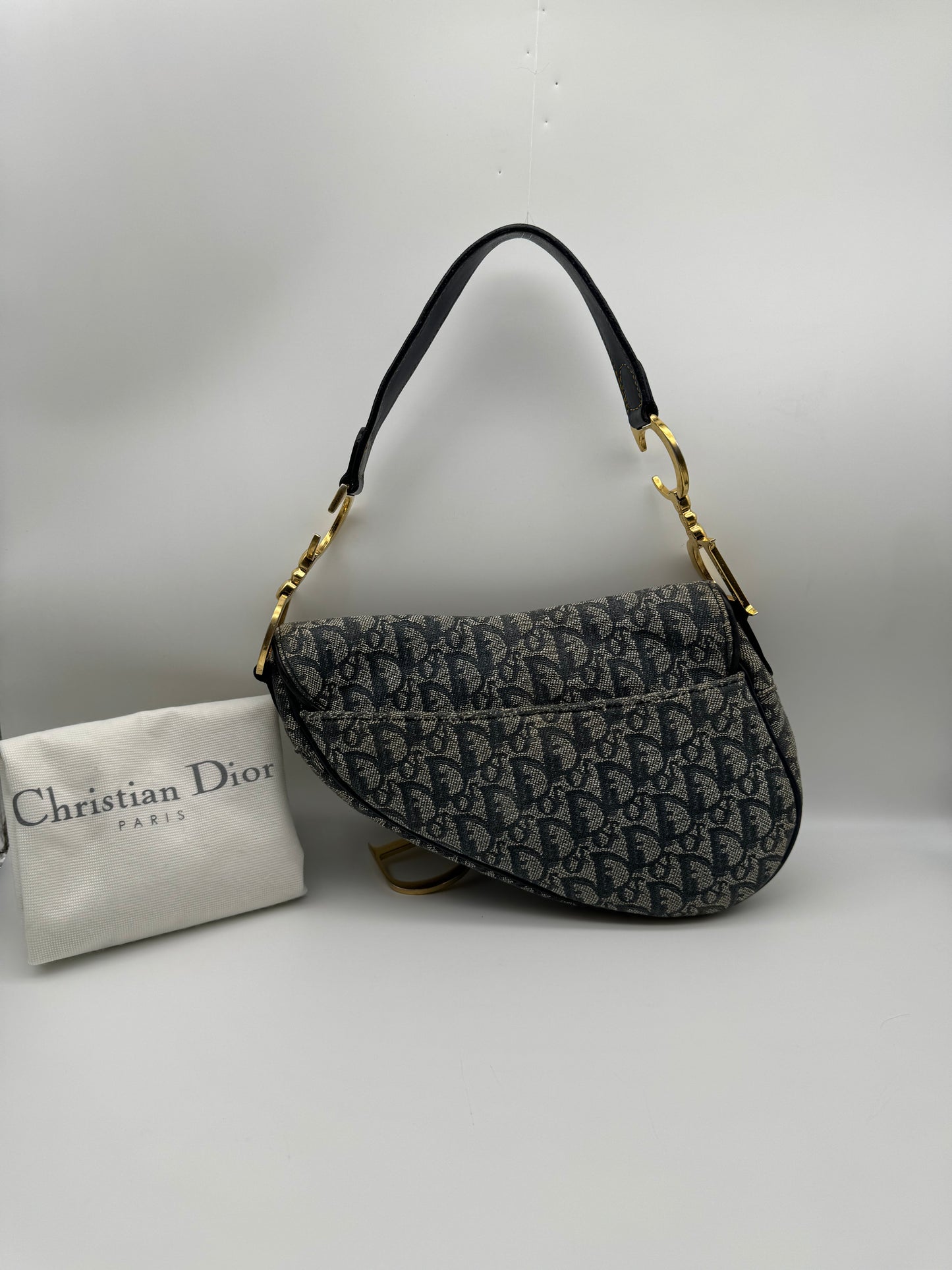 Authentic Christian Dior Navy Blue Trotter Canvas Saddle Shoulder Bag