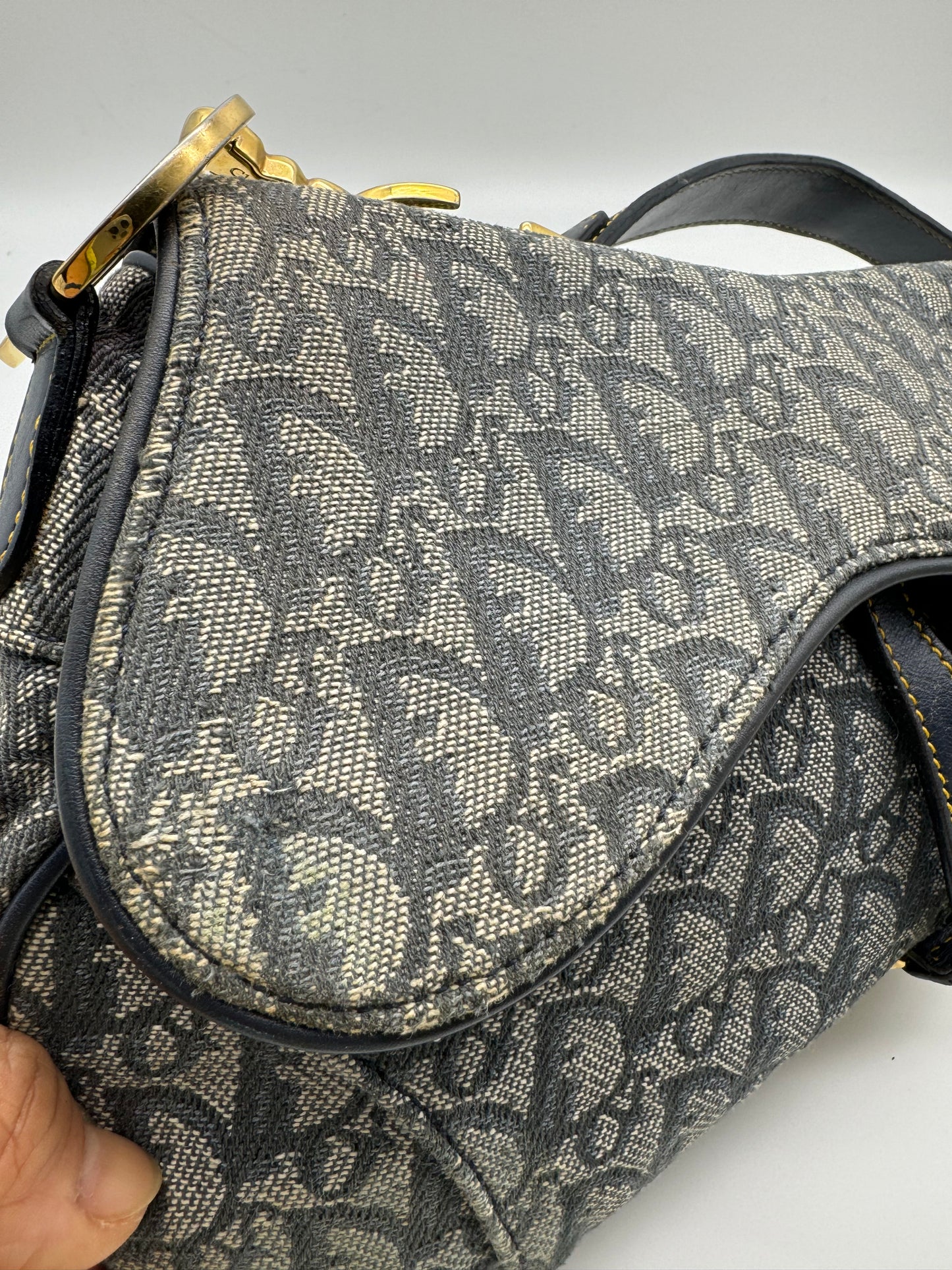 Authentic Christian Dior Navy Blue Trotter Canvas Saddle Shoulder Bag