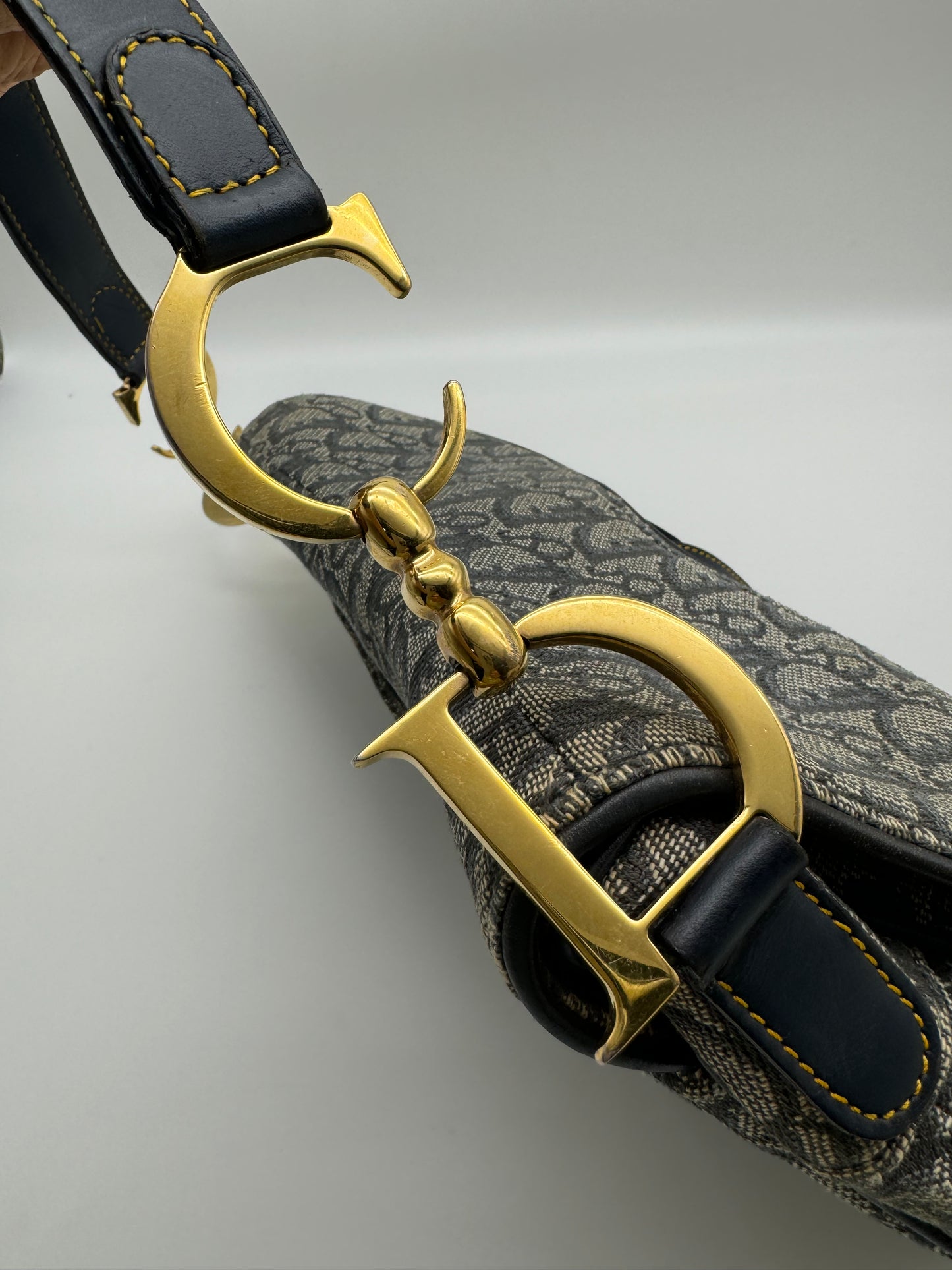 Authentic Christian Dior Navy Blue Trotter Canvas Saddle Shoulder Bag