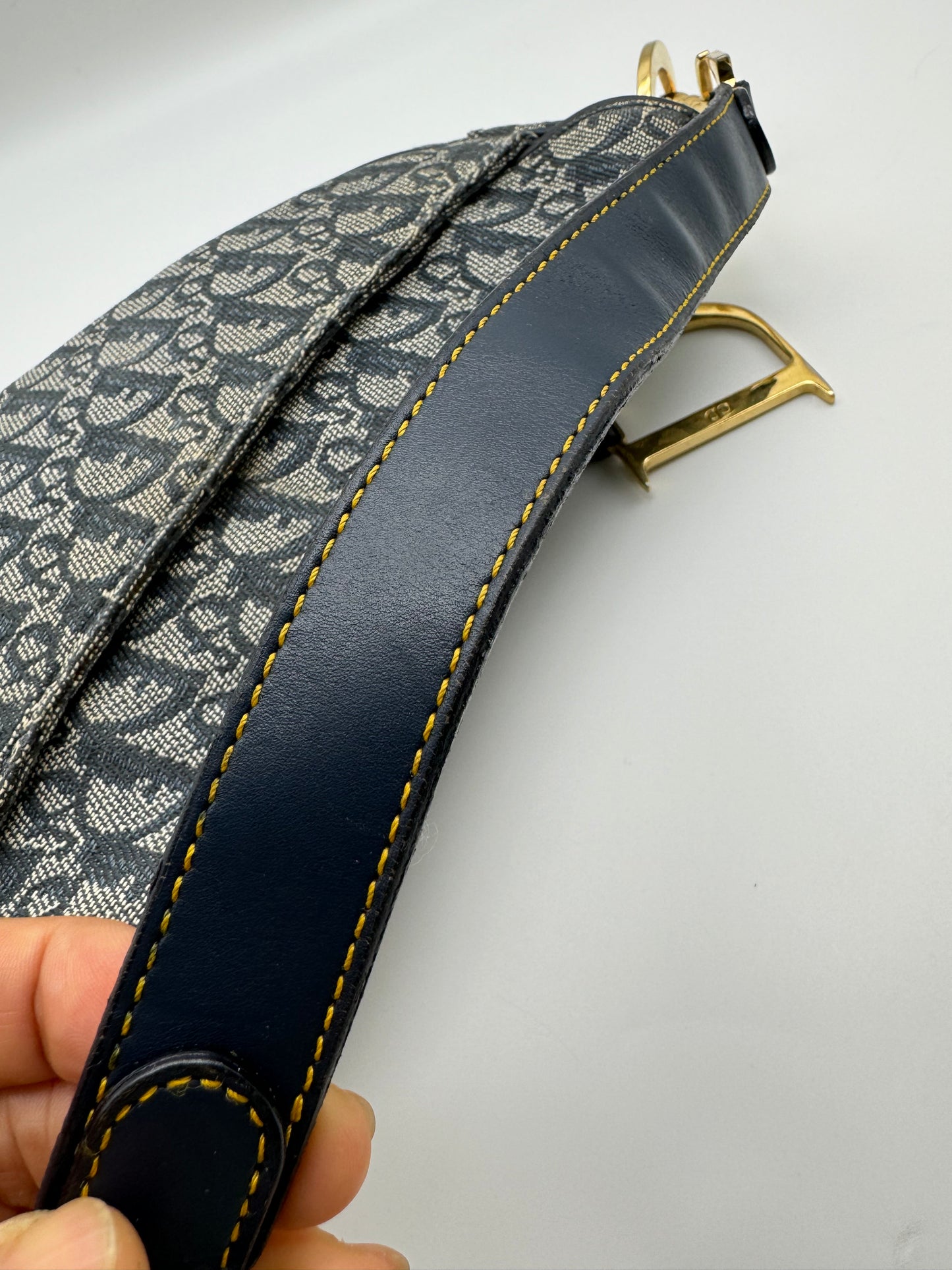 Authentic Christian Dior Navy Blue Trotter Canvas Saddle Shoulder Bag