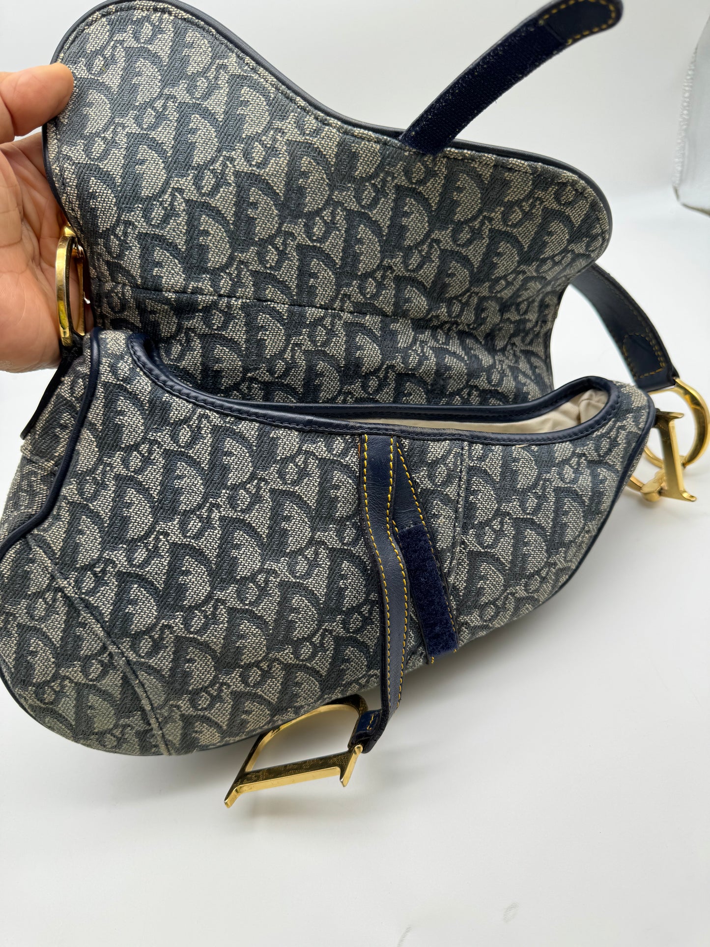 Authentic Christian Dior Navy Blue Trotter Canvas Saddle Shoulder Bag
