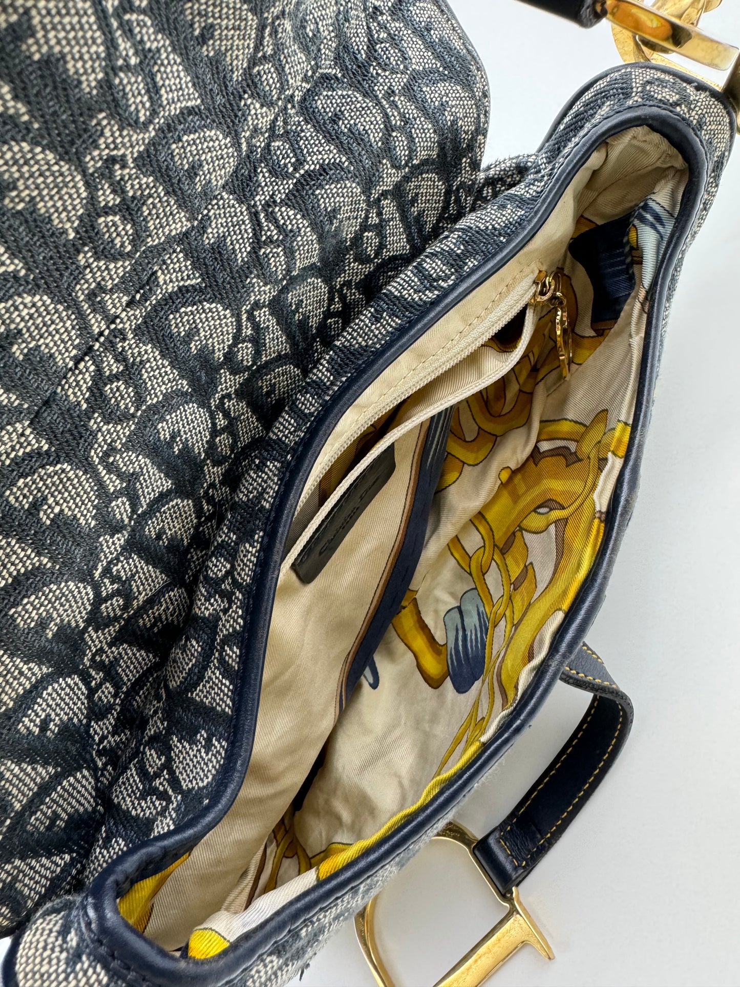Authentic Christian Dior Navy Blue Trotter Canvas Saddle Shoulder Bag