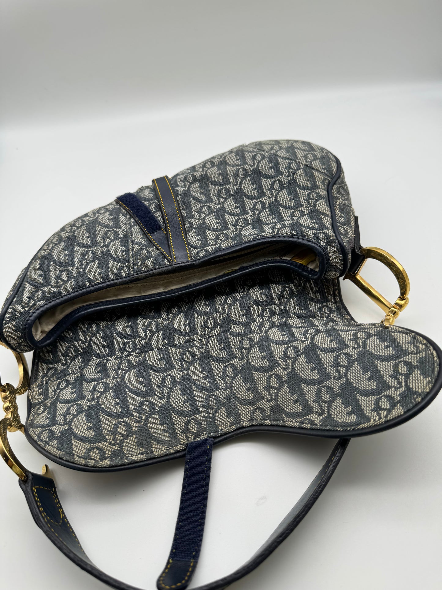 Authentic Christian Dior Navy Blue Trotter Canvas Saddle Shoulder Bag
