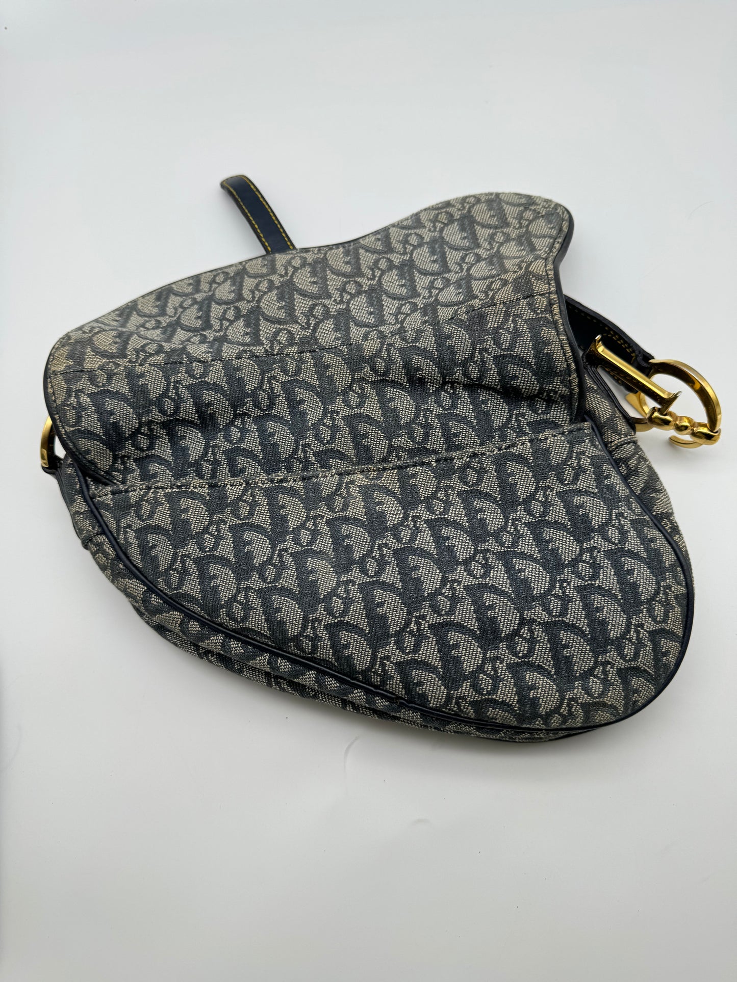 Authentic Christian Dior Navy Blue Trotter Canvas Saddle Shoulder Bag