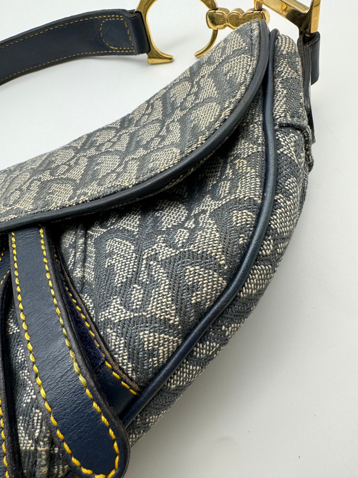 Authentic Christian Dior Navy Blue Trotter Canvas Saddle Shoulder Bag