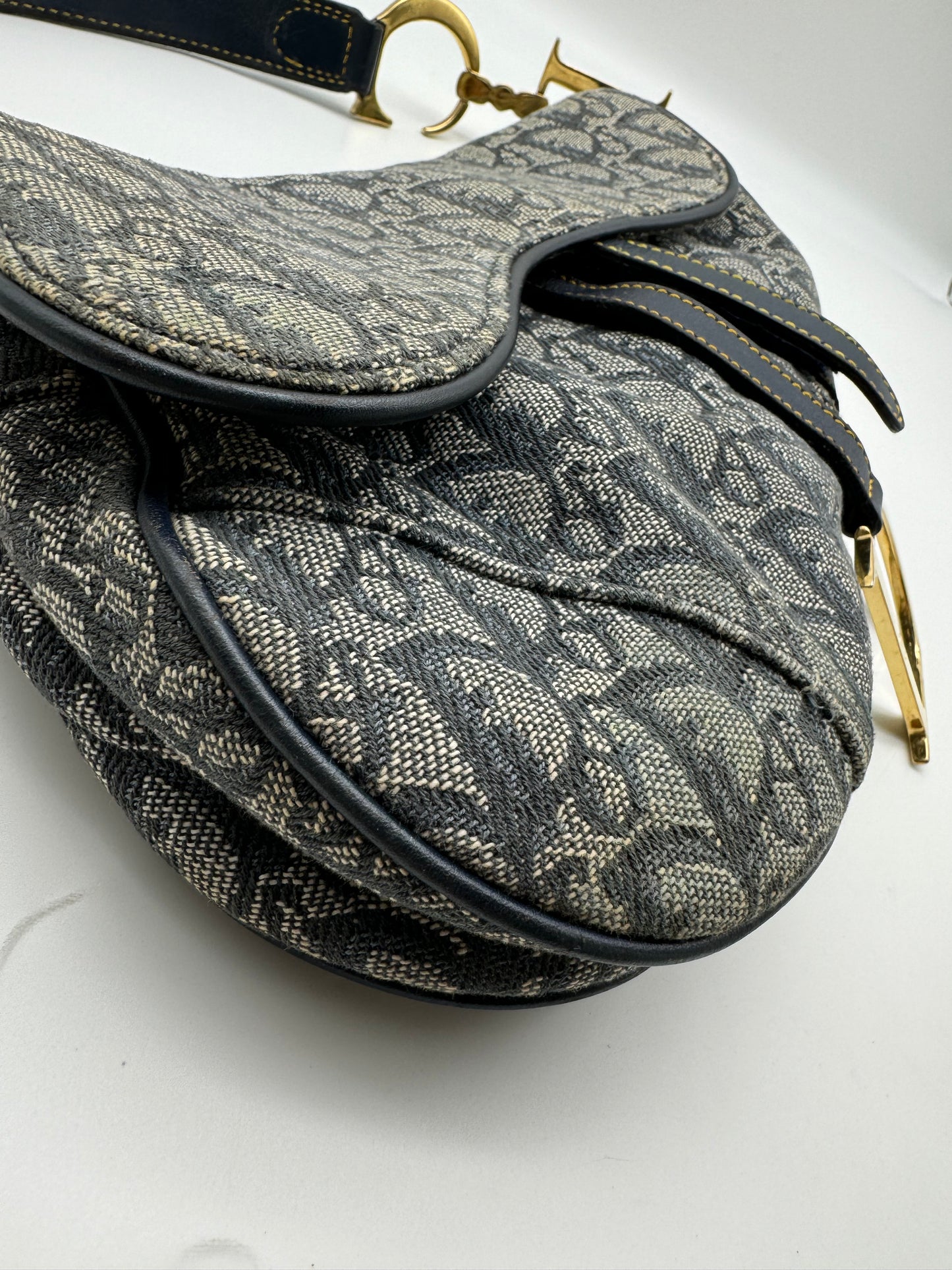 Authentic Christian Dior Navy Blue Trotter Canvas Saddle Shoulder Bag