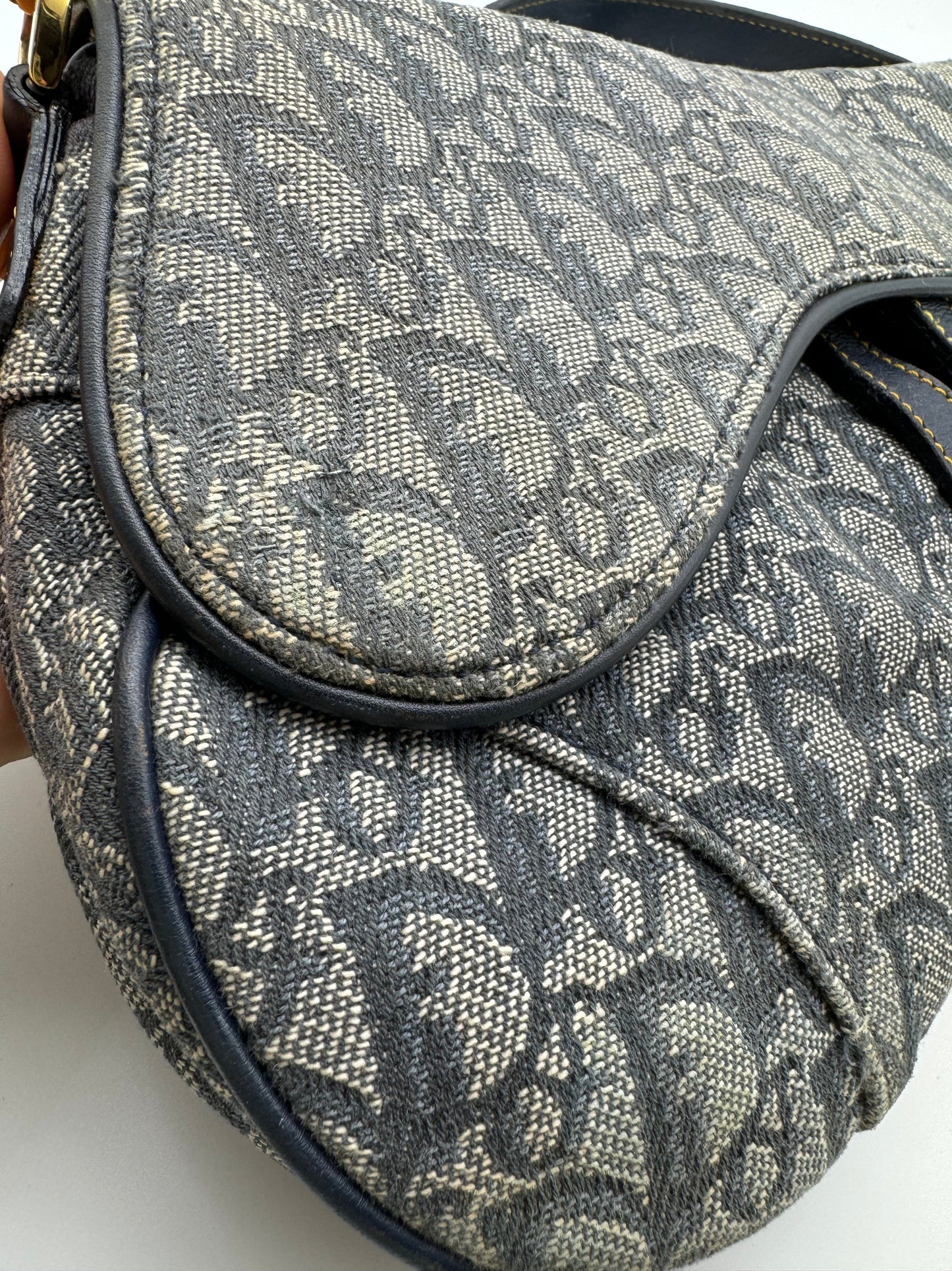 Authentic Christian Dior Navy Blue Trotter Canvas Saddle Shoulder Bag