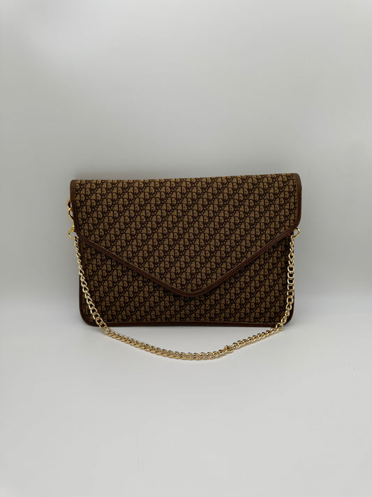 Authentic Dior Envelope Clutch Brown Trotter Canvas Added Strap Shoulder Bag