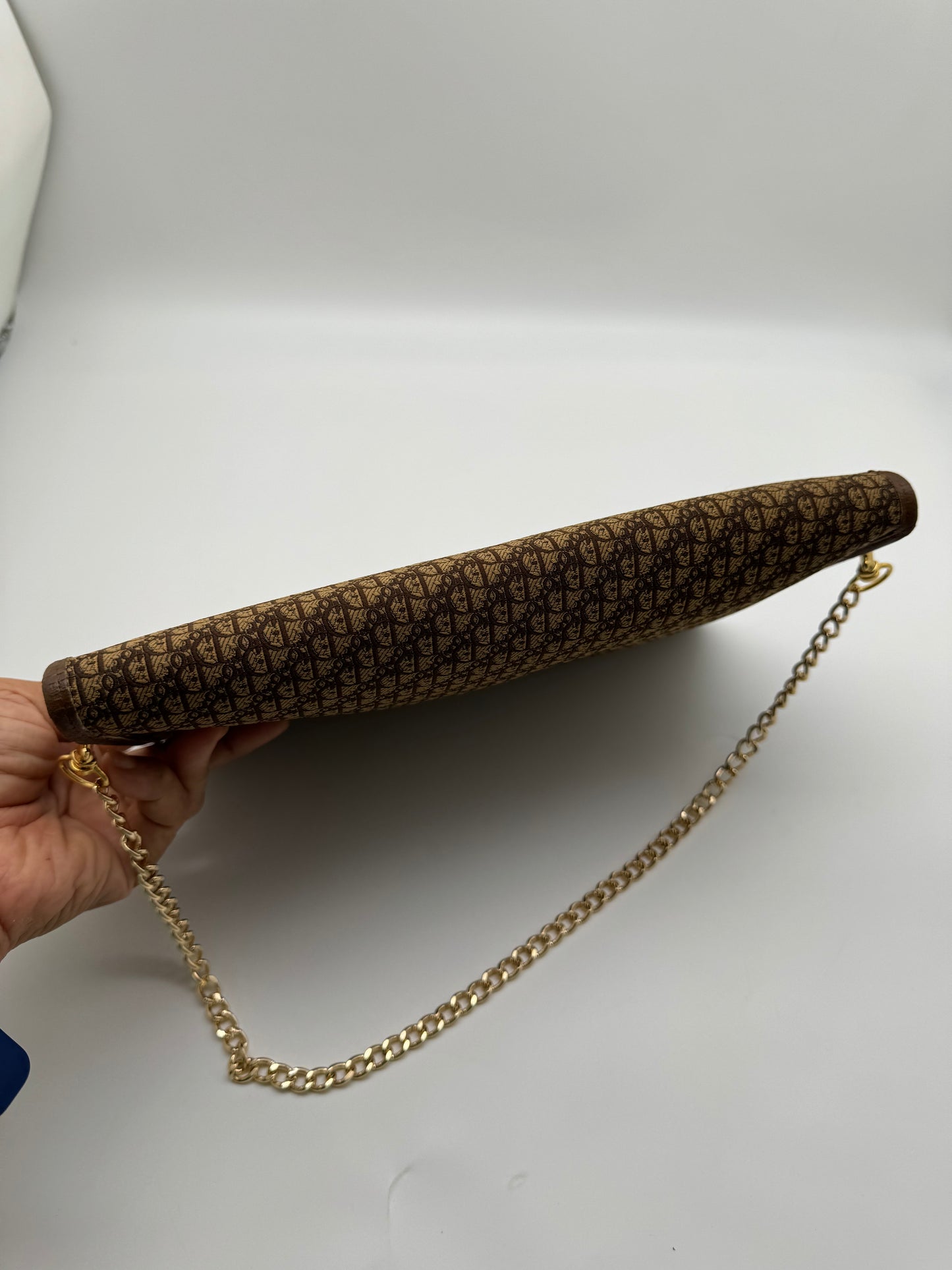 Authentic Dior Envelope Clutch Brown Trotter Canvas Added Strap Shoulder Bag