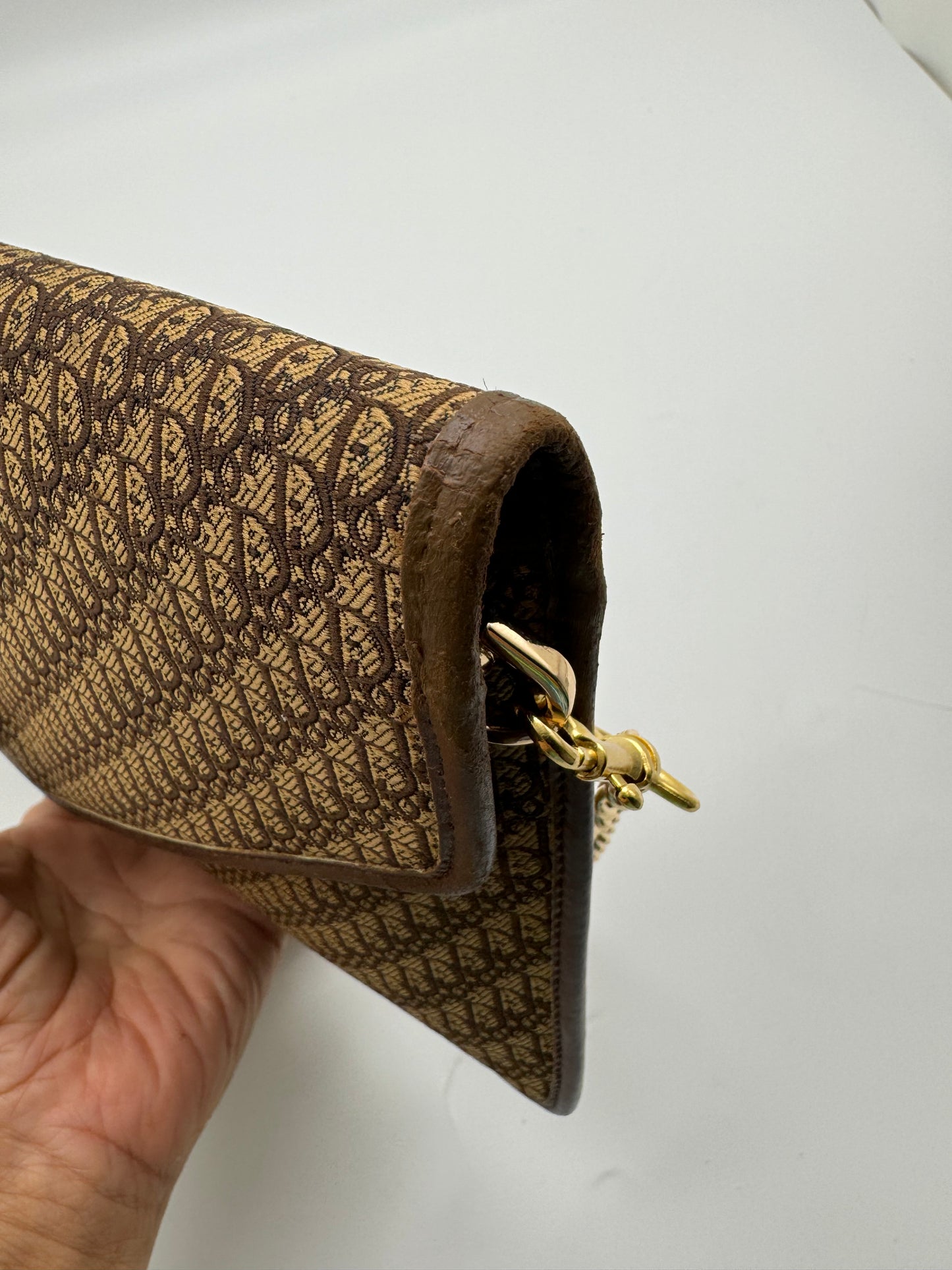 Authentic Dior Envelope Clutch Brown Trotter Canvas Added Strap Shoulder Bag