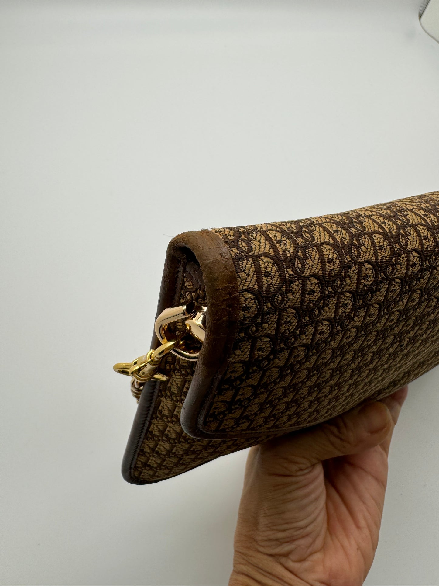 Authentic Dior Envelope Clutch Brown Trotter Canvas Added Strap Shoulder Bag