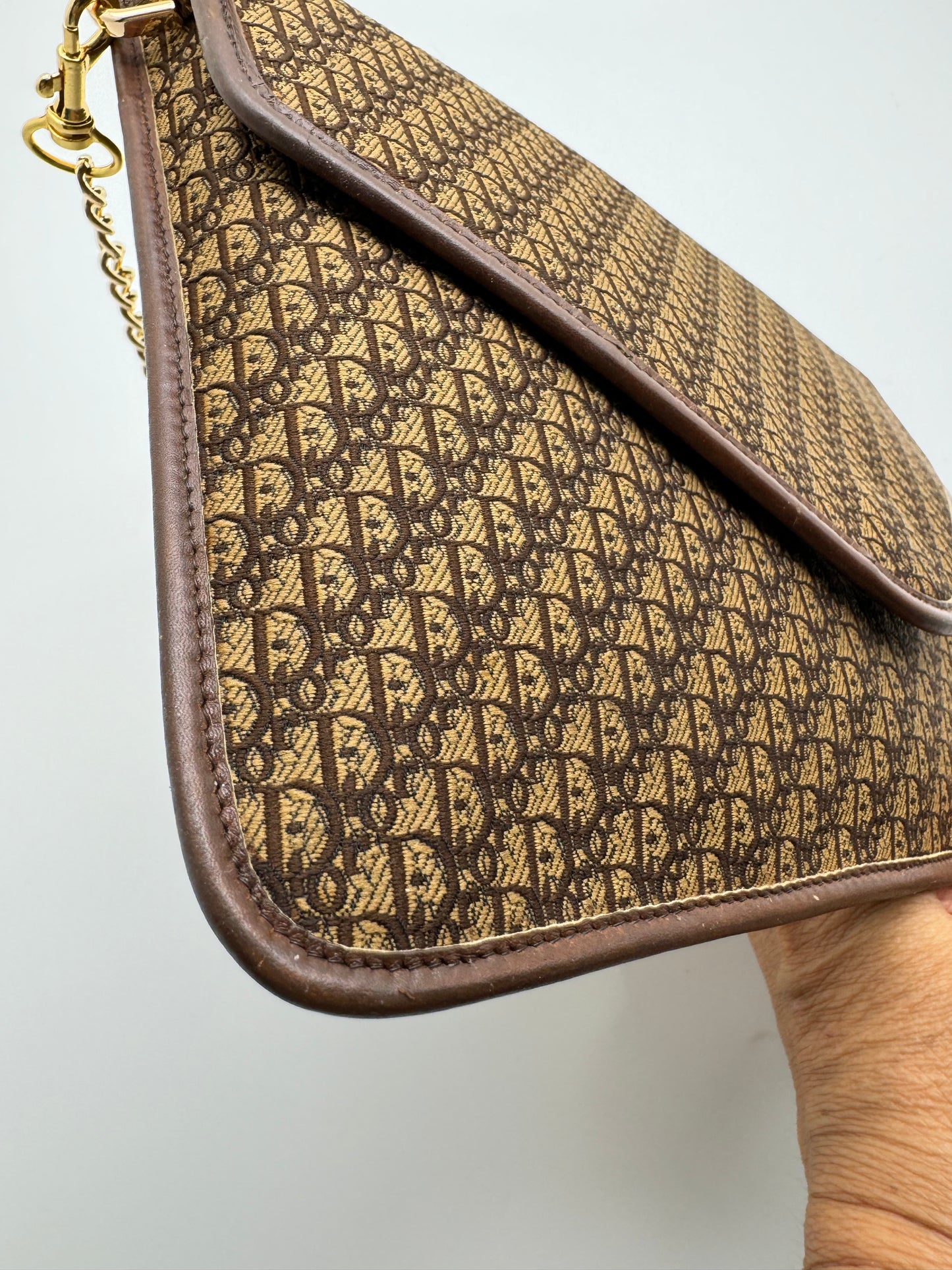 Authentic Dior Envelope Clutch Brown Trotter Canvas Added Strap Shoulder Bag