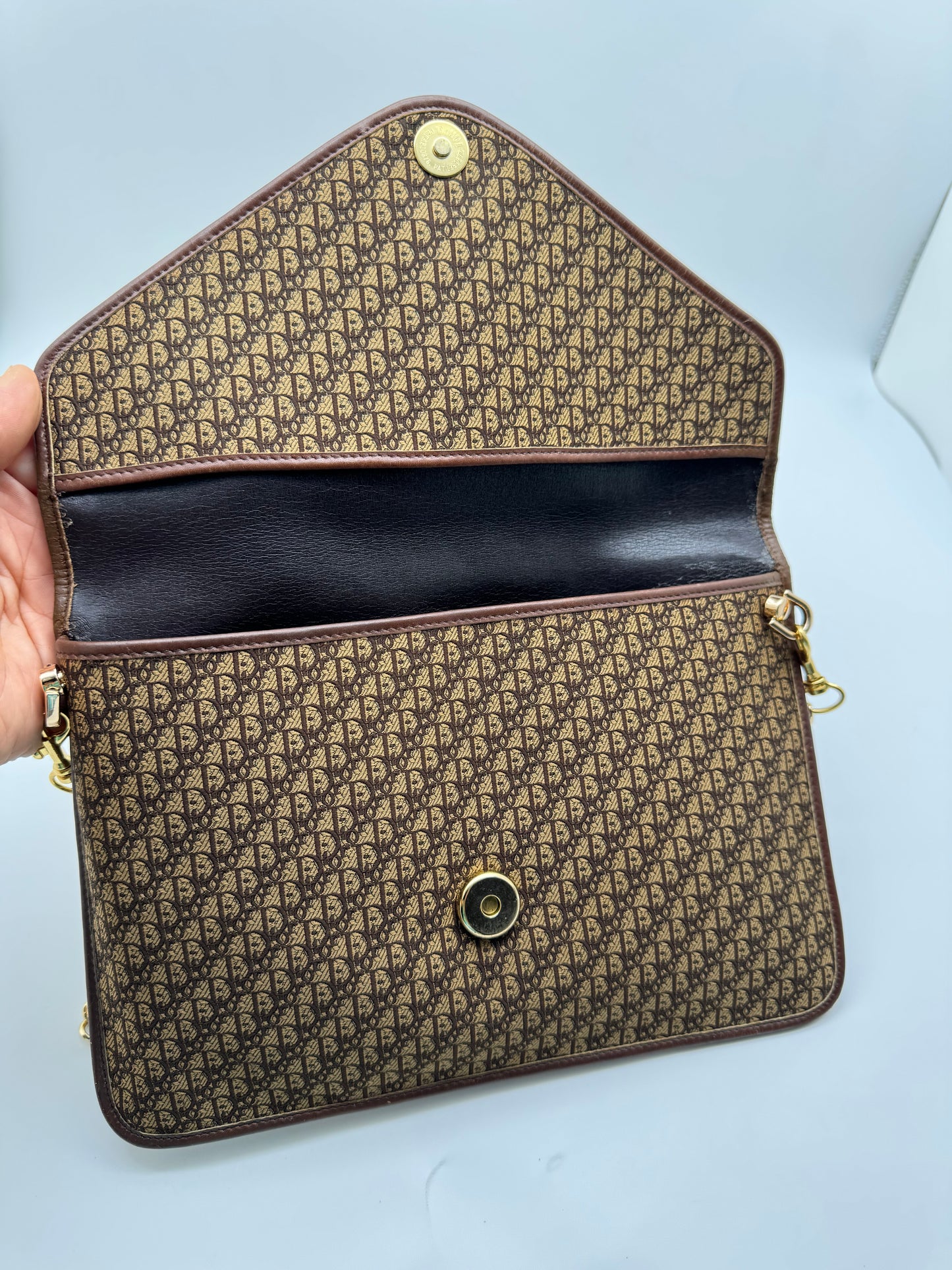 Authentic Dior Envelope Clutch Brown Trotter Canvas Added Strap Shoulder Bag